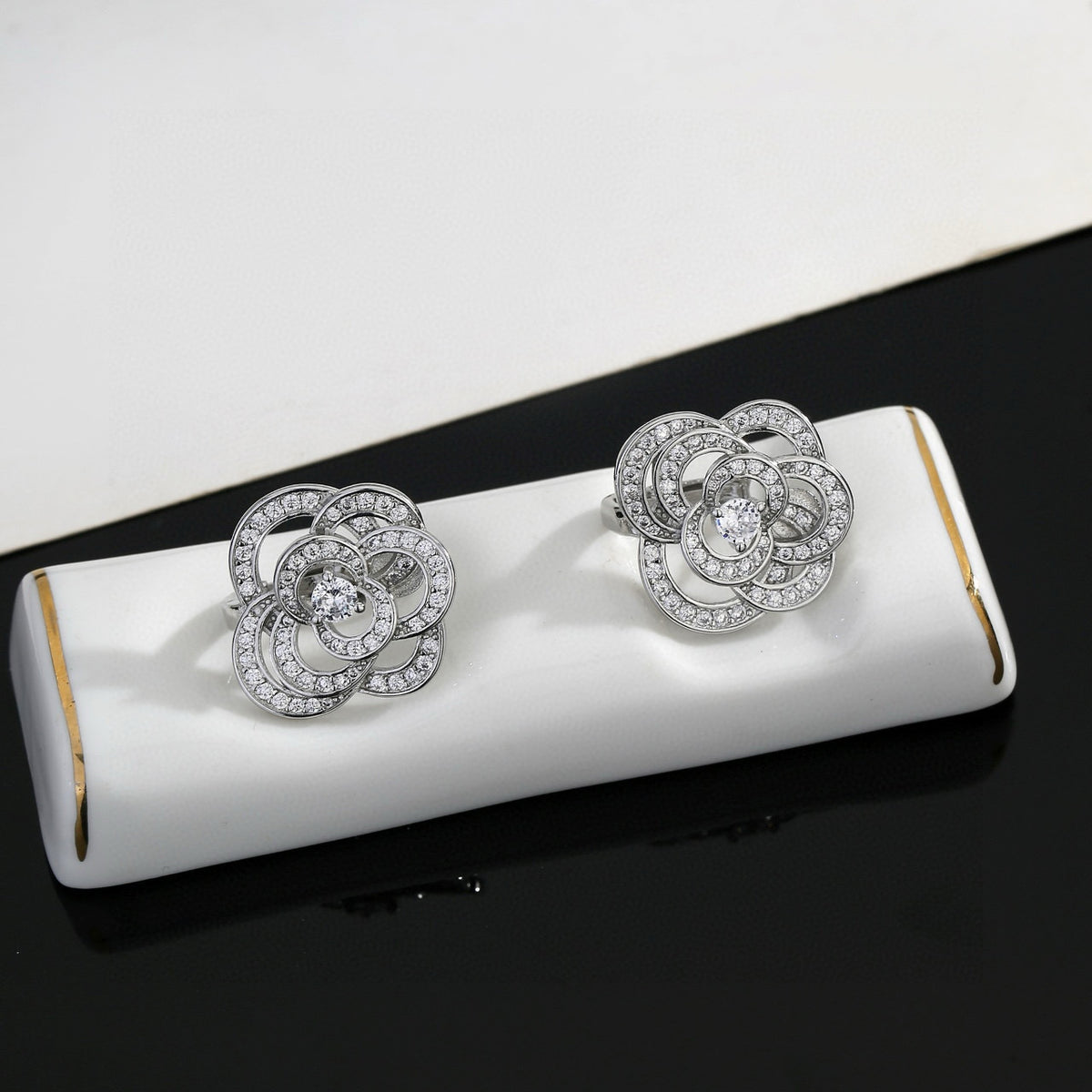 Camellia Stud Earrings in Gold-Tone – Camellia Detail – Design 006 front product view