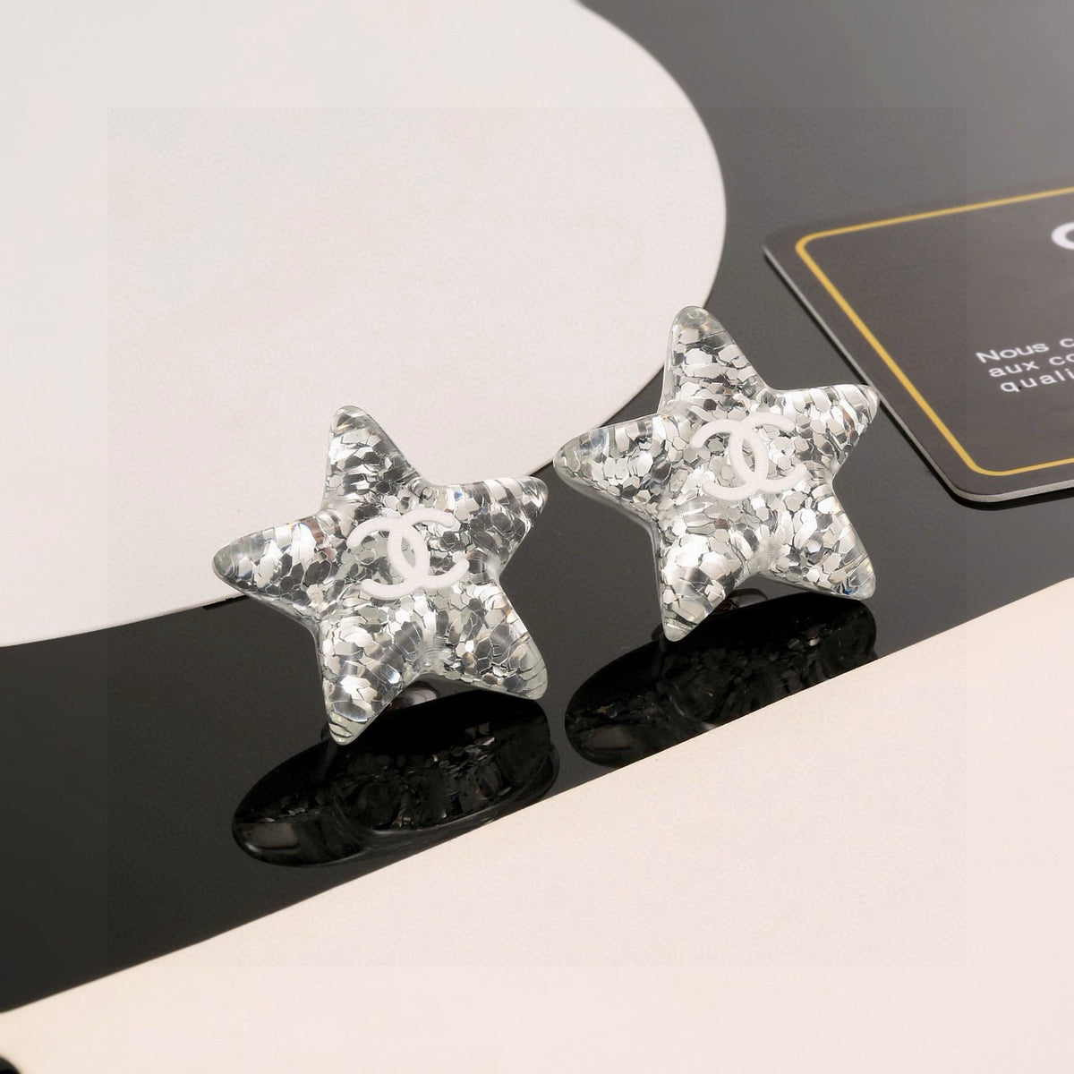 Double-C Emblem Stud Earrings in Silver-Tone – Star Detail – Design 004 close-up detail