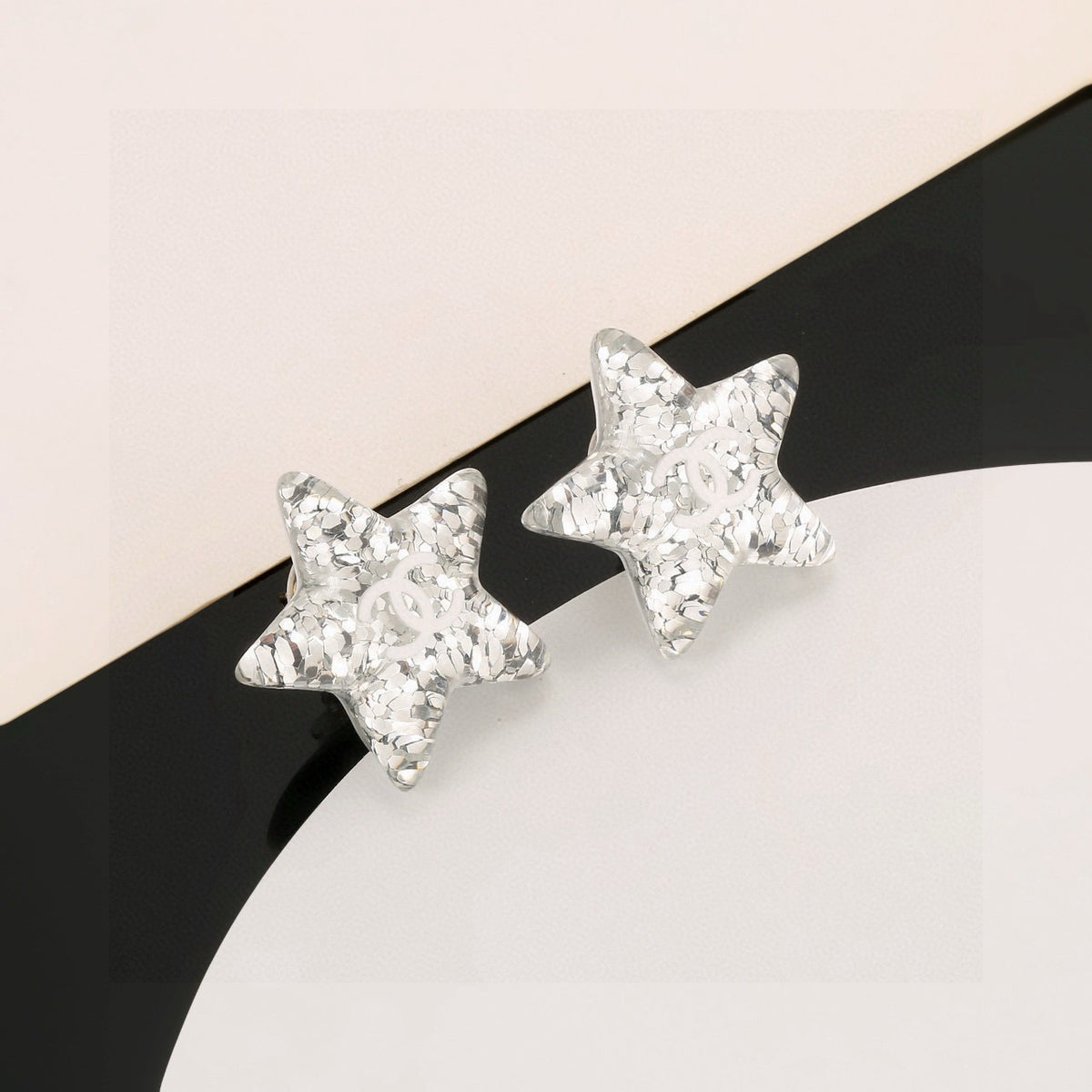 Double-C Emblem Stud Earrings in Silver-Tone – Star Detail – Design 004 main product view