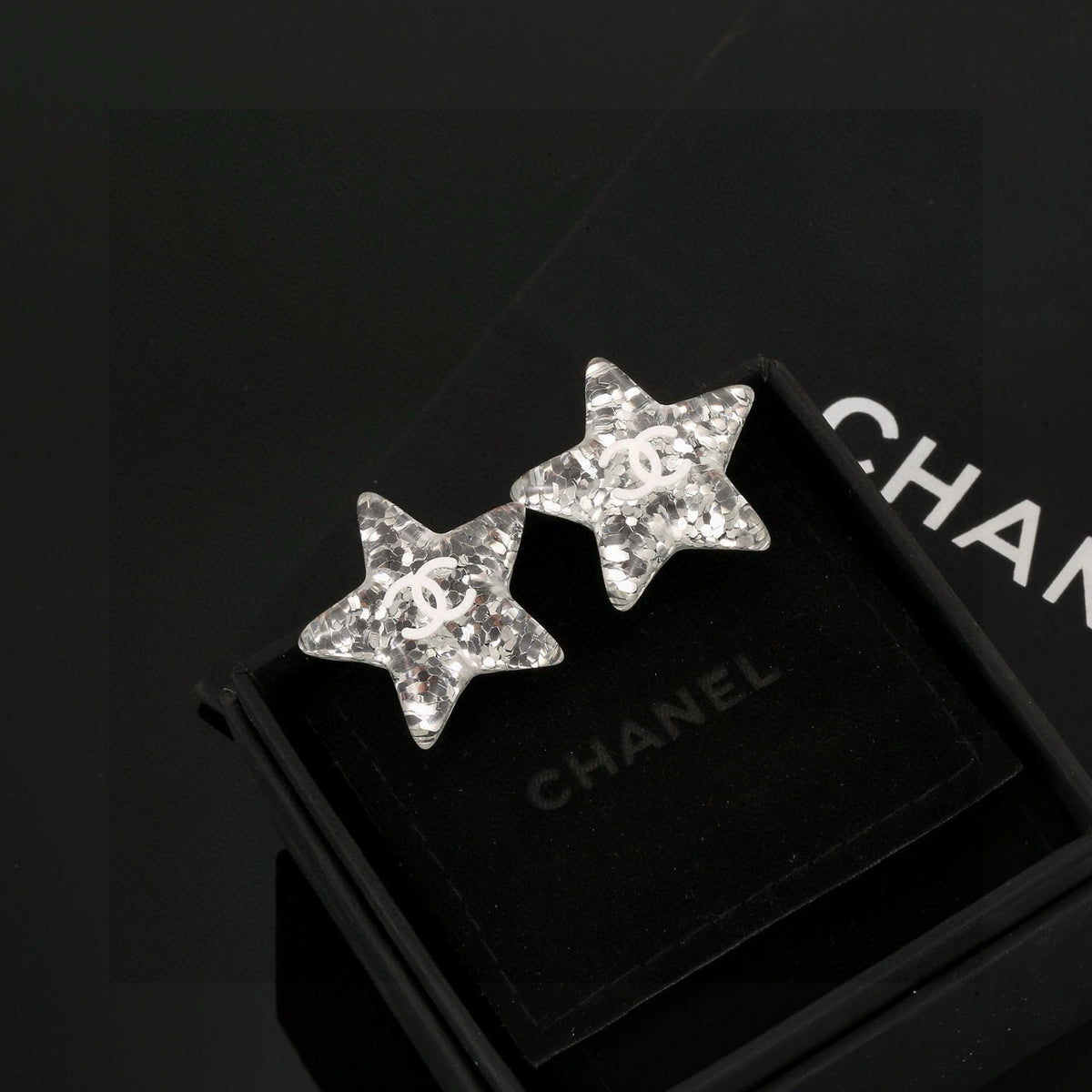 Double-C Emblem Stud Earrings in Silver-Tone – Star Detail – Design 004 main product view