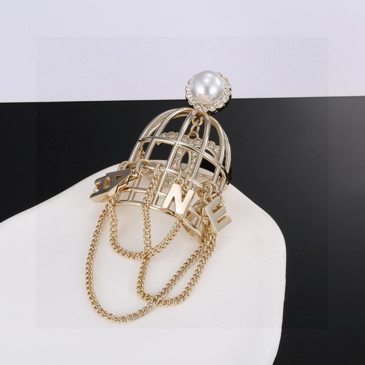 Double-C Emblem Brooch in Polished Metal-Tone – Design 032 styled product view