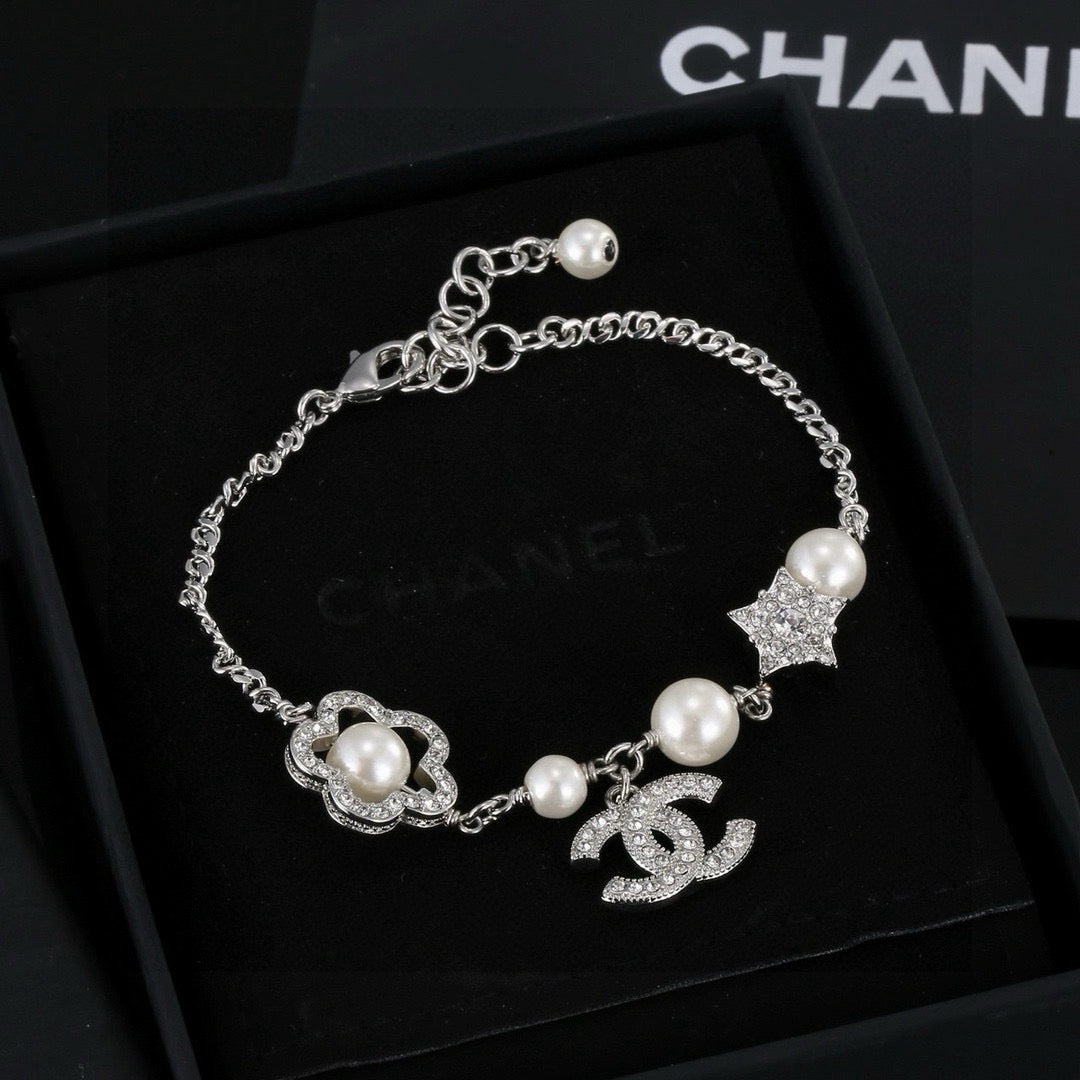 Camellia Bracelet in Polished Metal-Tone – Pearl Detail – Design 002 main product view