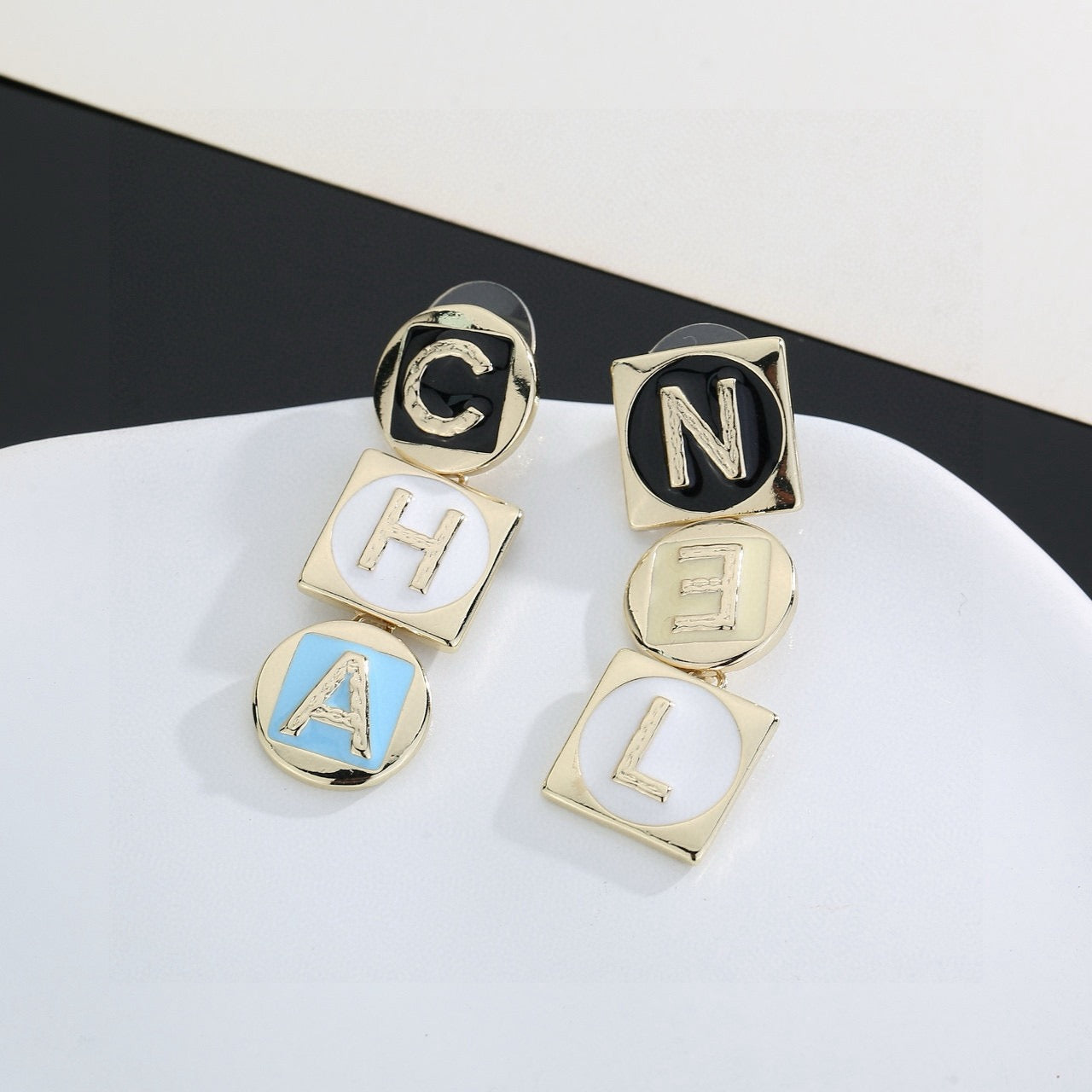 Letter Stud Earrings in Polished Metal-Tone – Design 008 detail view