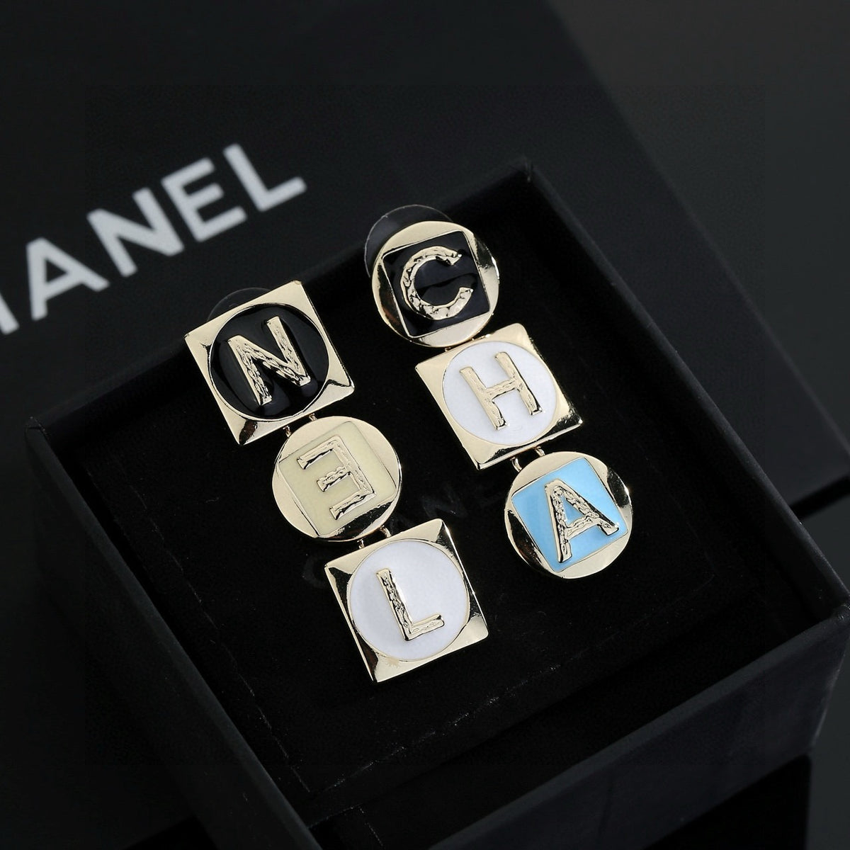 Letter Stud Earrings in Polished Metal-Tone – Design 008 front product view