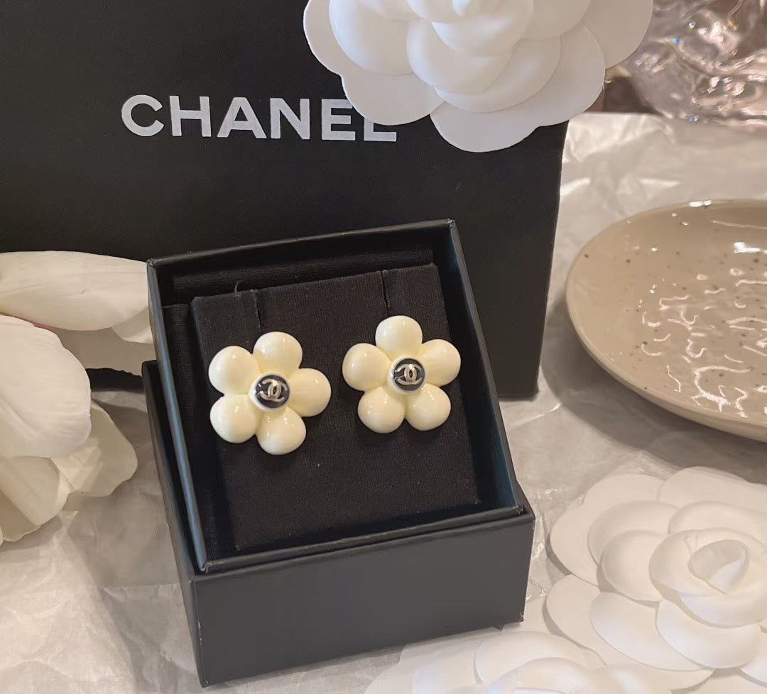 Camellia Stud Earrings in Polished Metal-Tone – Camellia Detail – Design 031 front product view