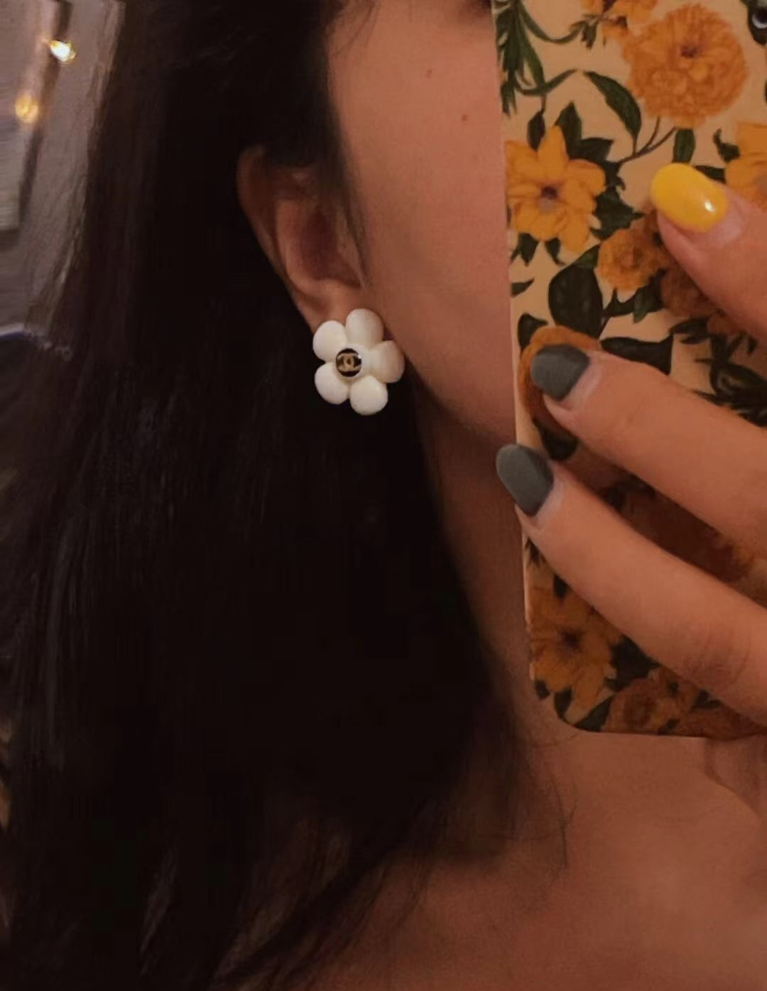 Camellia Stud Earrings in Polished Metal-Tone – Camellia Detail – Design 031 side detail