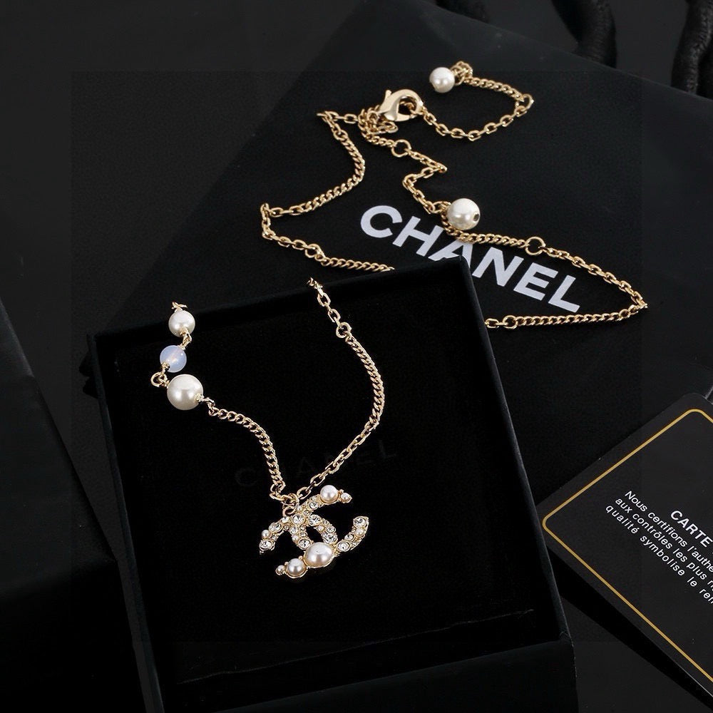 Double-C Emblem Pearl-Detail Pendant Necklace – Pearl Detail – Design 041 front product view