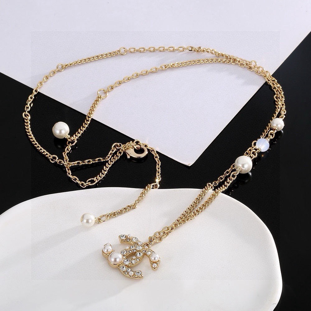 Double-C Emblem Pearl-Detail Pendant Necklace – Pearl Detail – Design 041 main product view