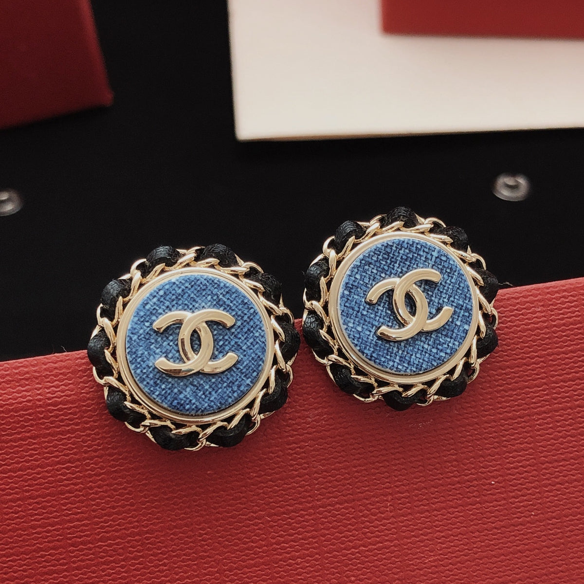 Round Stud Earrings in Gold-Tone – Blue Detail – Design 003 main product view