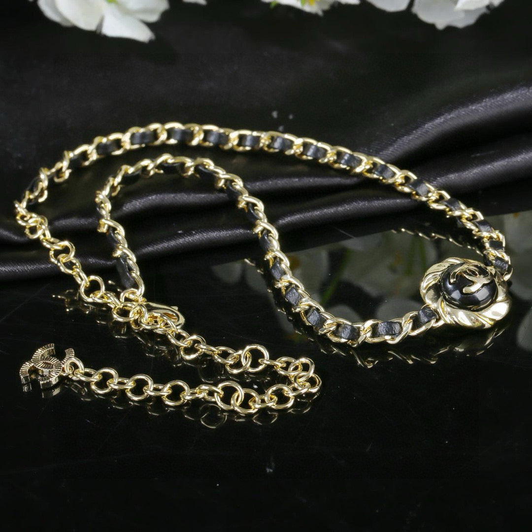 Double-C Emblem Pendant Necklace in Gold-Tone – Black Detail side detail
