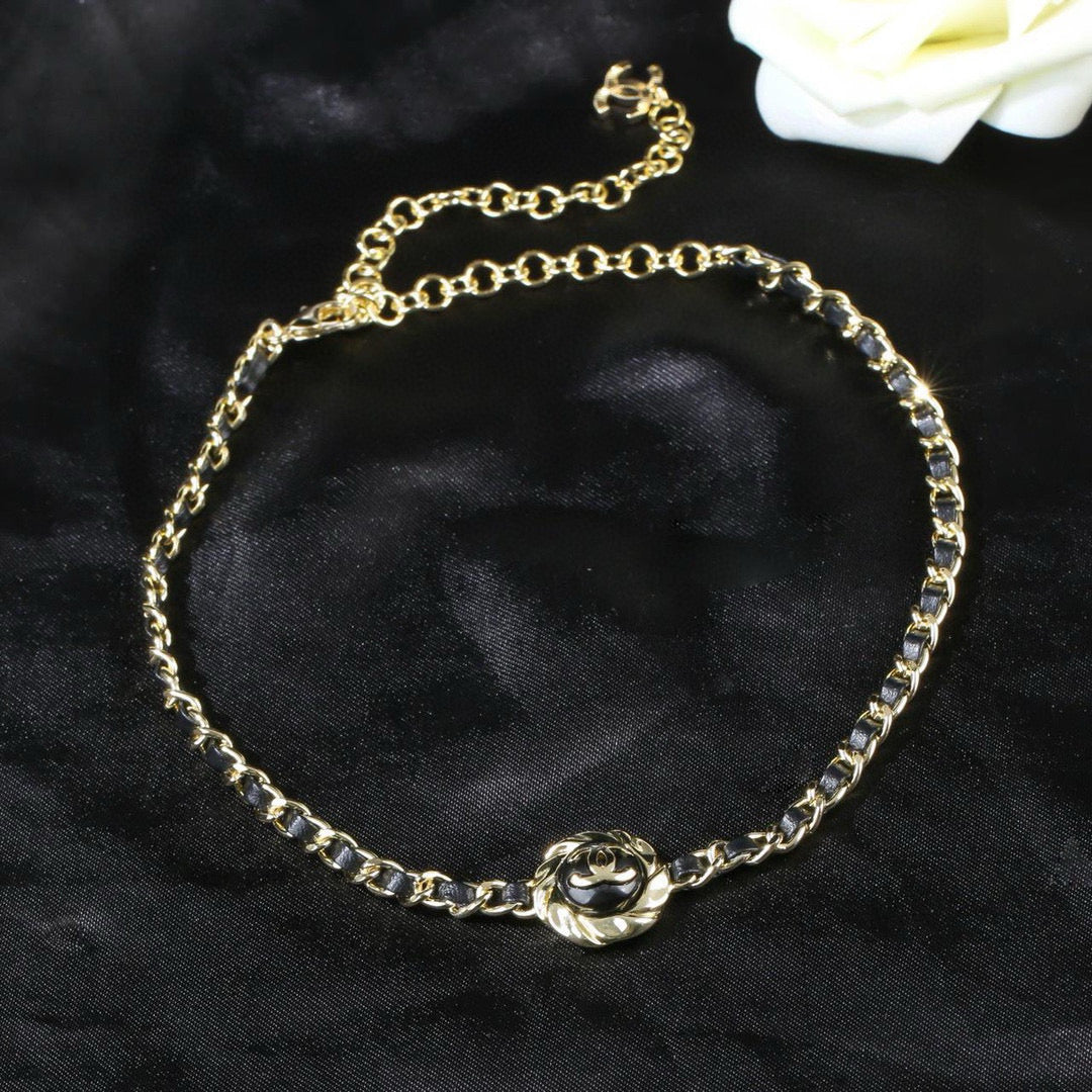 Double-C Emblem Pendant Necklace in Gold-Tone – Black Detail main product view