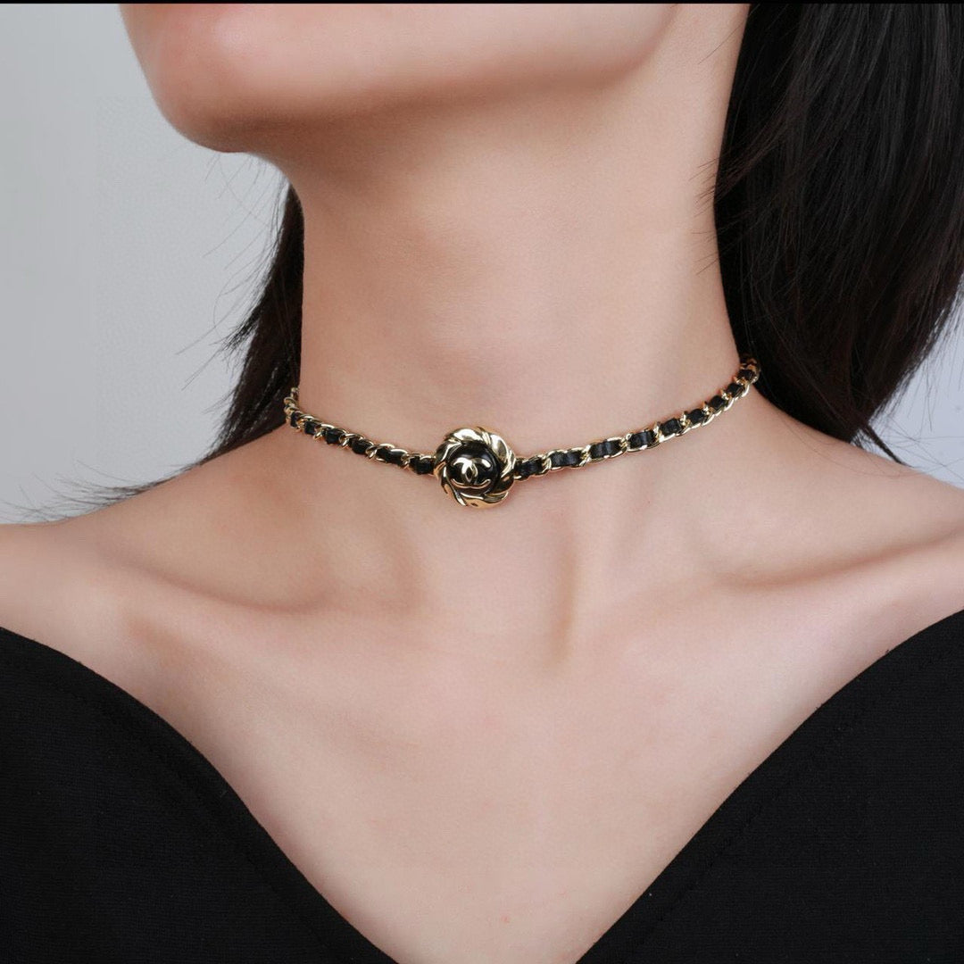 Double-C Emblem Pendant Necklace in Gold-Tone – Black Detail front product view