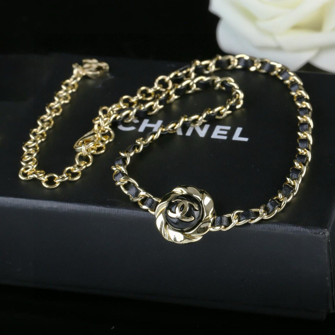 Double-C Emblem Pendant Necklace in Gold-Tone – Black Detail styled product view