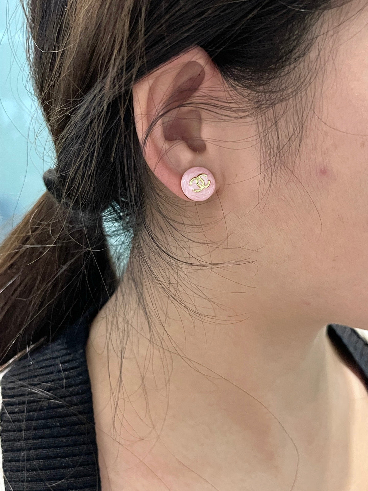 Round Stud Earrings in Polished Metal-Tone – Design 003 side detail