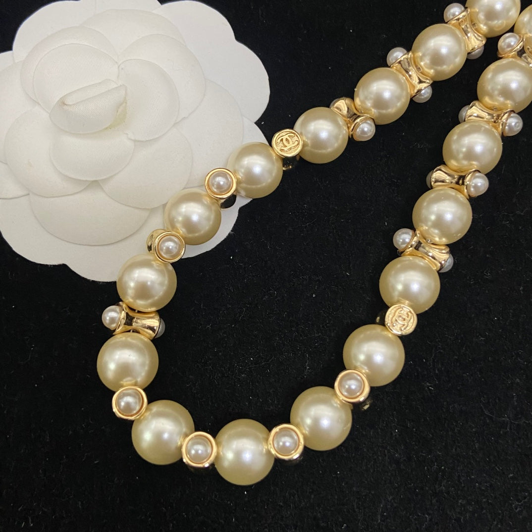 Double-C Emblem Pearl-Detail Pendant Necklace – Pearl Detail – Design 066 close-up detail