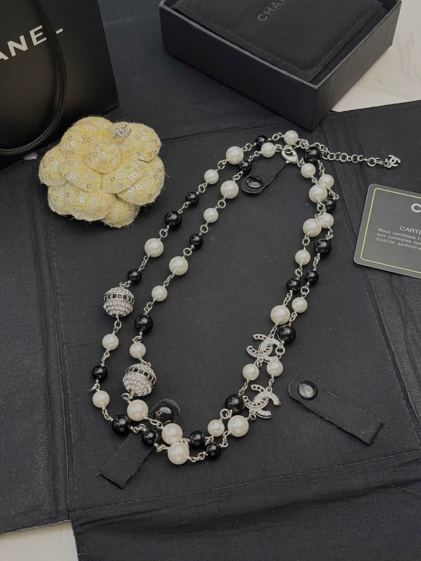 Double-C Emblem Pearl-Detail Pendant Necklace – Pearl Detail – Design 017 styled product view