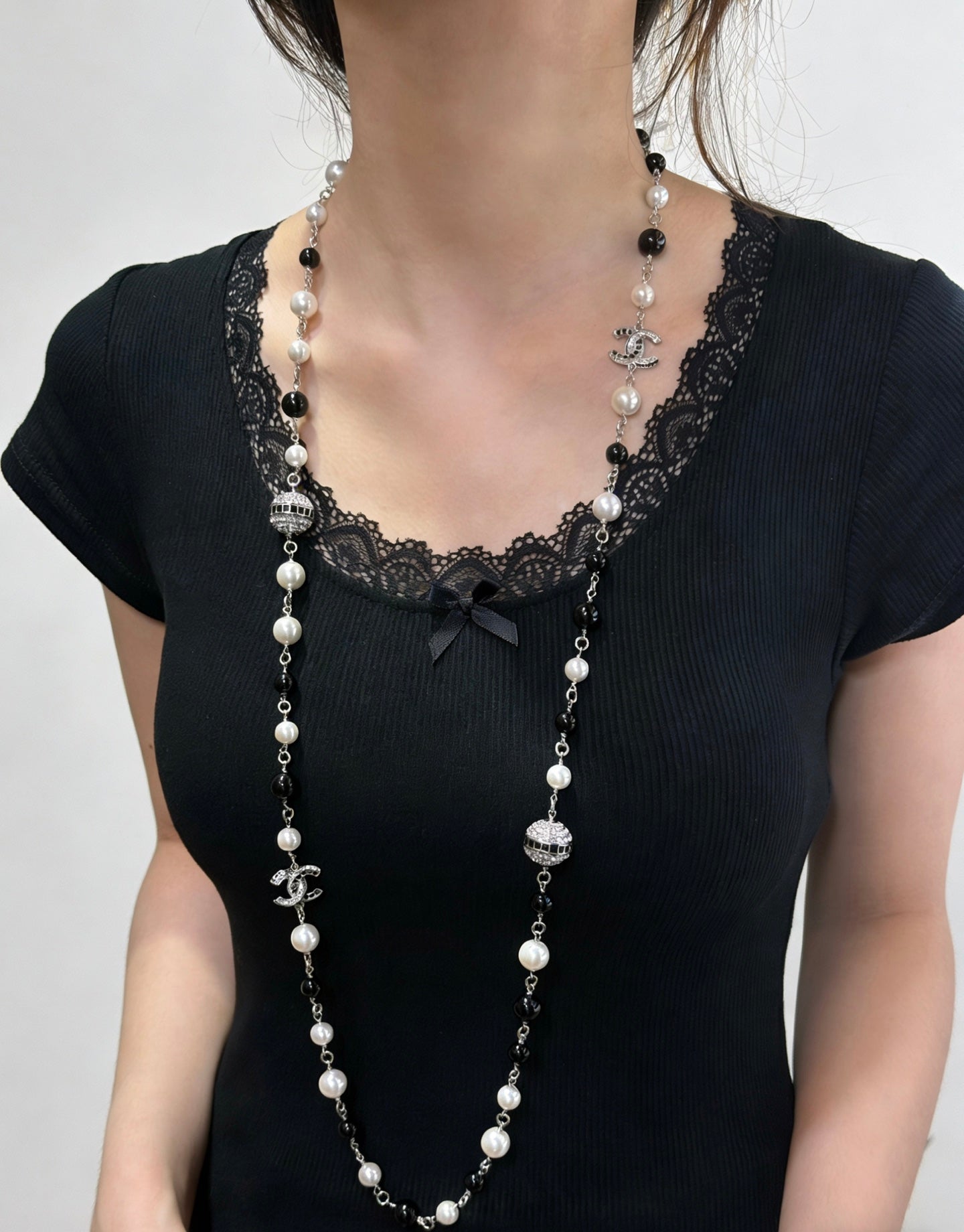 Double-C Emblem Pearl-Detail Pendant Necklace – Pearl Detail – Design 017 front product view