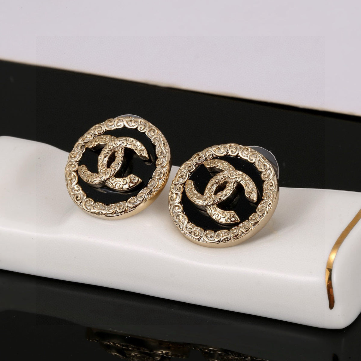 Double-C Emblem Stud Earrings in Black-Tone – Black Detail main product view