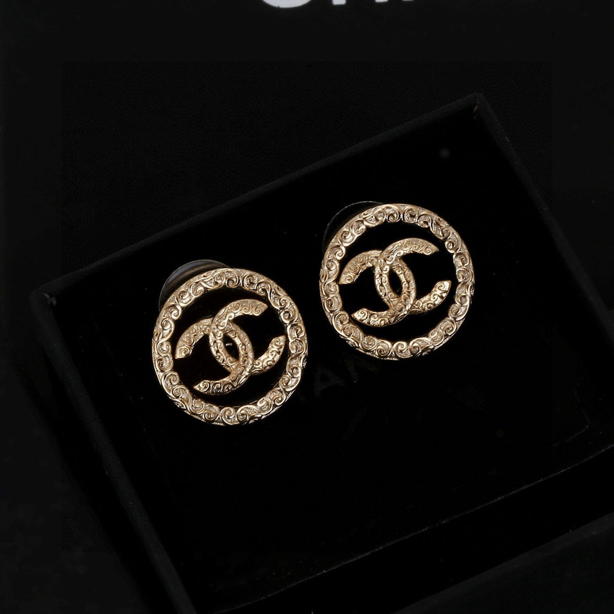 Double-C Emblem Stud Earrings in Black-Tone – Black Detail styled product view