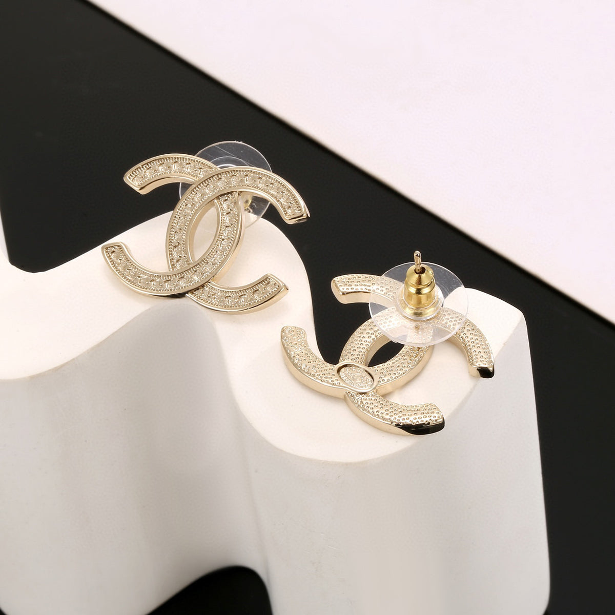 Signature Emblem Stud Earrings in Silver-Tone – Design 003 close-up detail