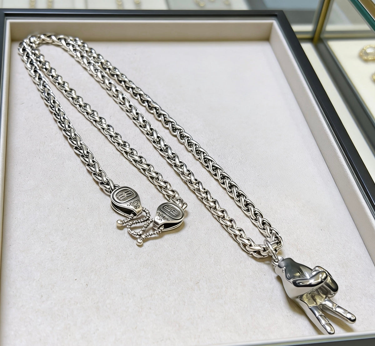 Geometric Emblem Pendant Necklace in Polished Metal-Tone – Vintage Detail – Design 034 close-up detail