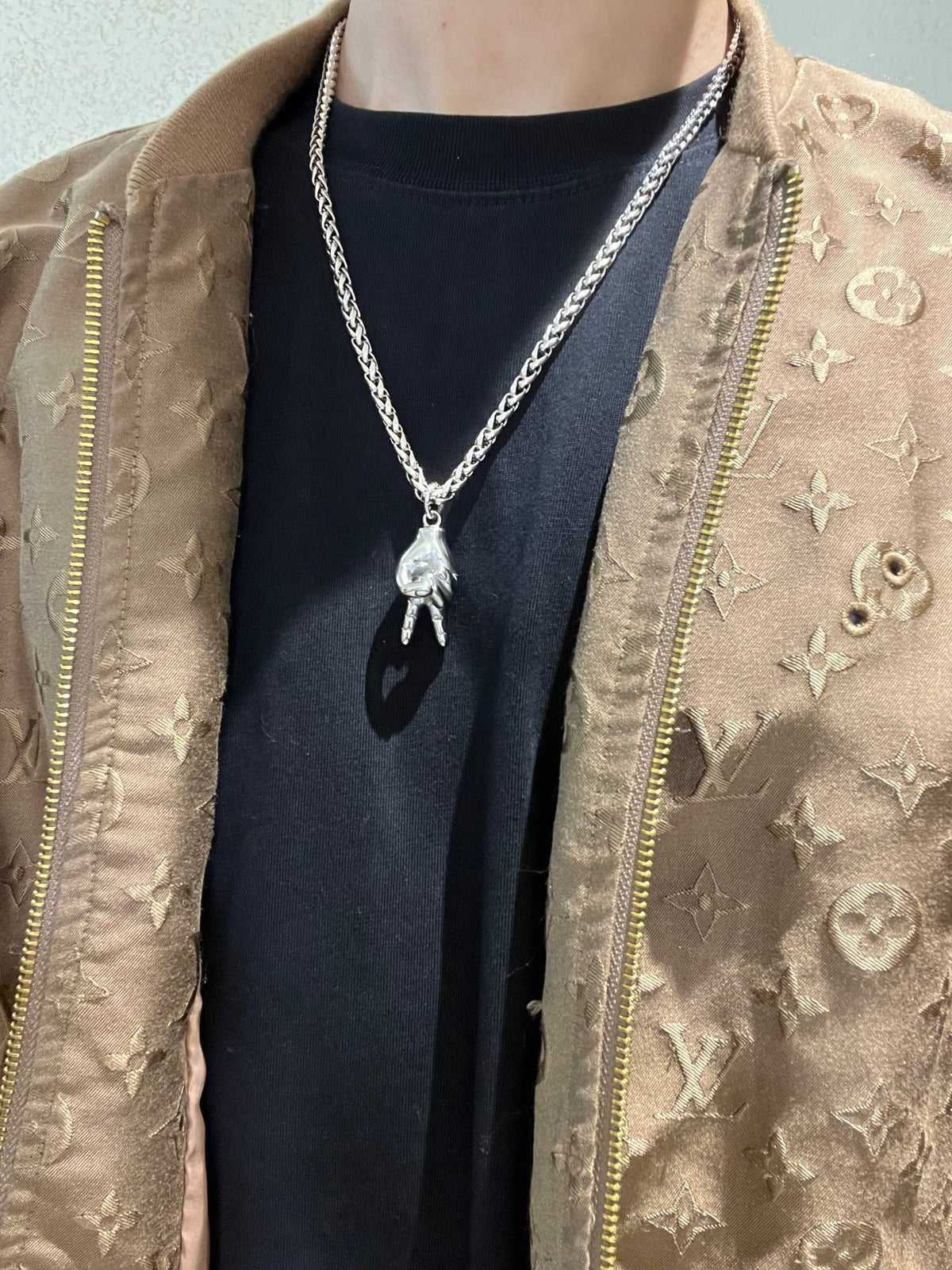 Geometric Emblem Pendant Necklace in Polished Metal-Tone – Vintage Detail – Design 034 detail view