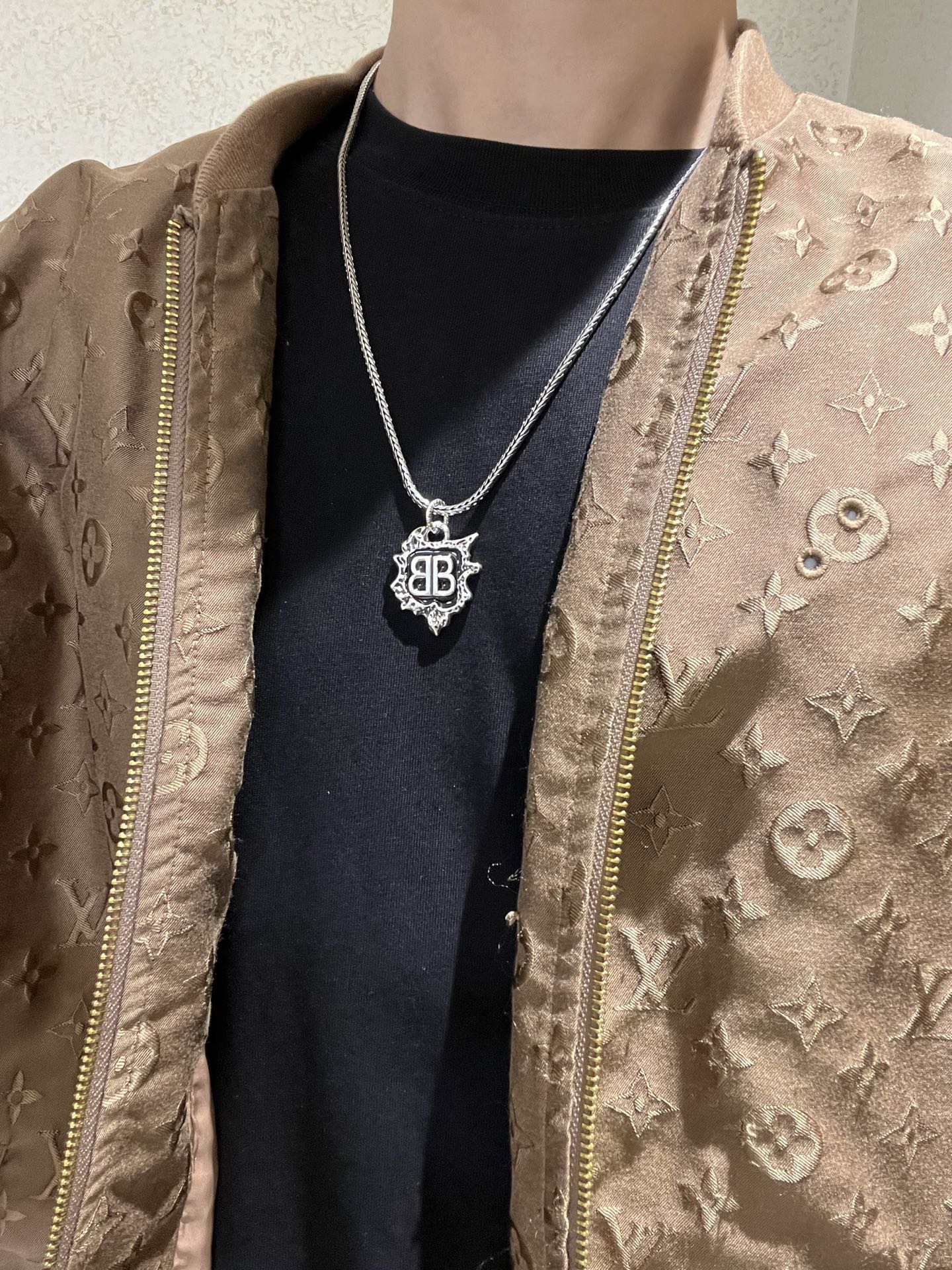 Geometric Emblem Pendant Necklace in Polished Metal-Tone – Vintage Detail – Design 032 styled product view