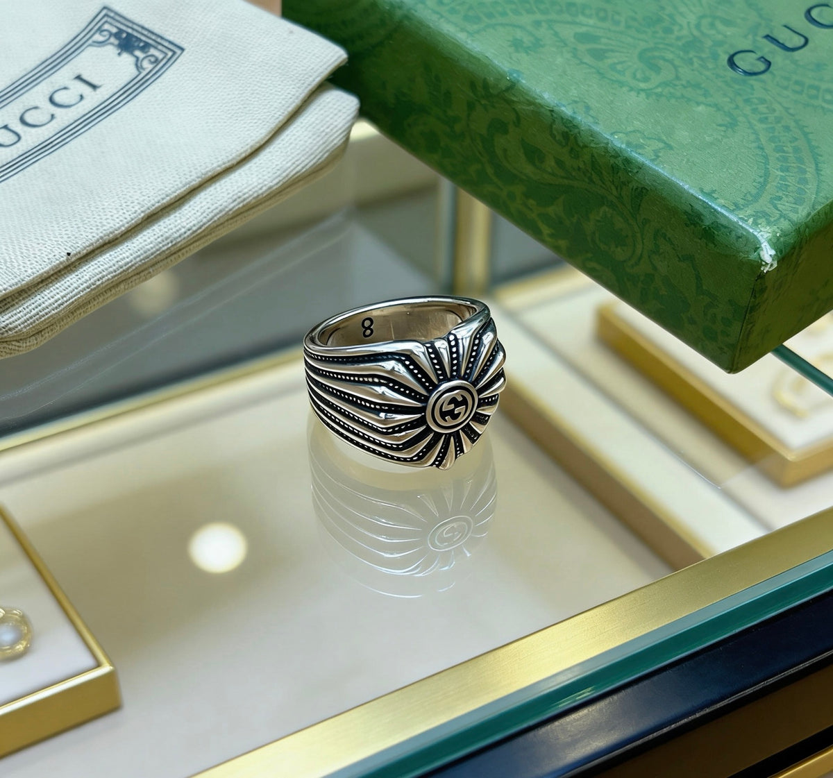 Double-G Emblem Statement Ring in Polished Metal-Tone – Design 004 close-up detail