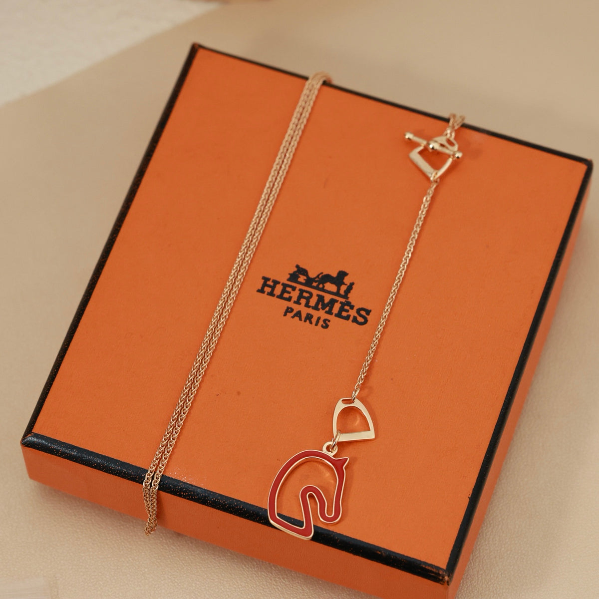 Horse Head Pendant Necklace in Rose-Gold-Tone – Rose Gold Detail – Design 003 styled product view