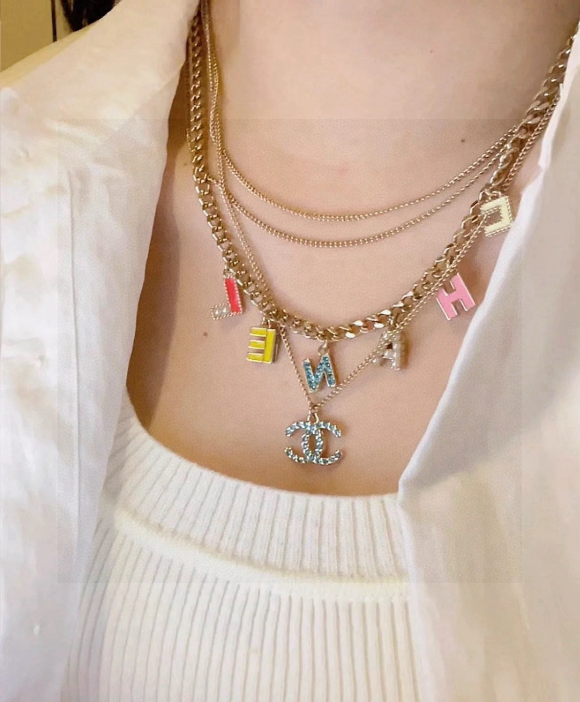 Double-C Emblem Crystal-Accent Pendant Necklace – Design 017 detail view