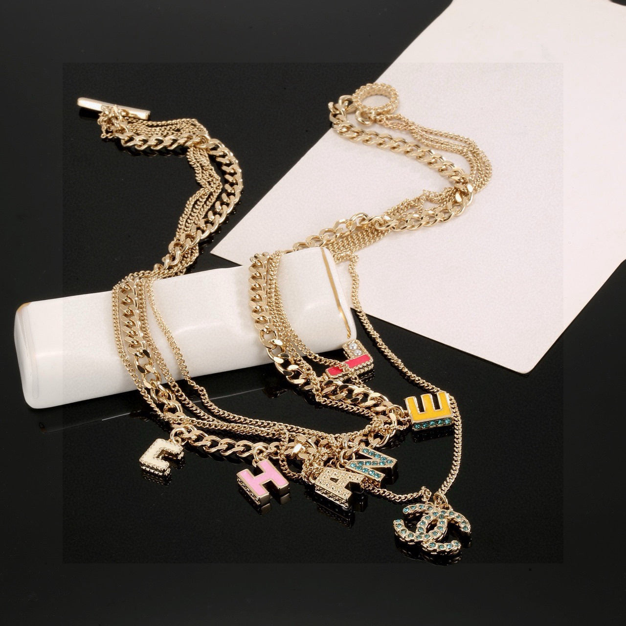 Double-C Emblem Crystal-Accent Pendant Necklace – Design 017 close-up detail