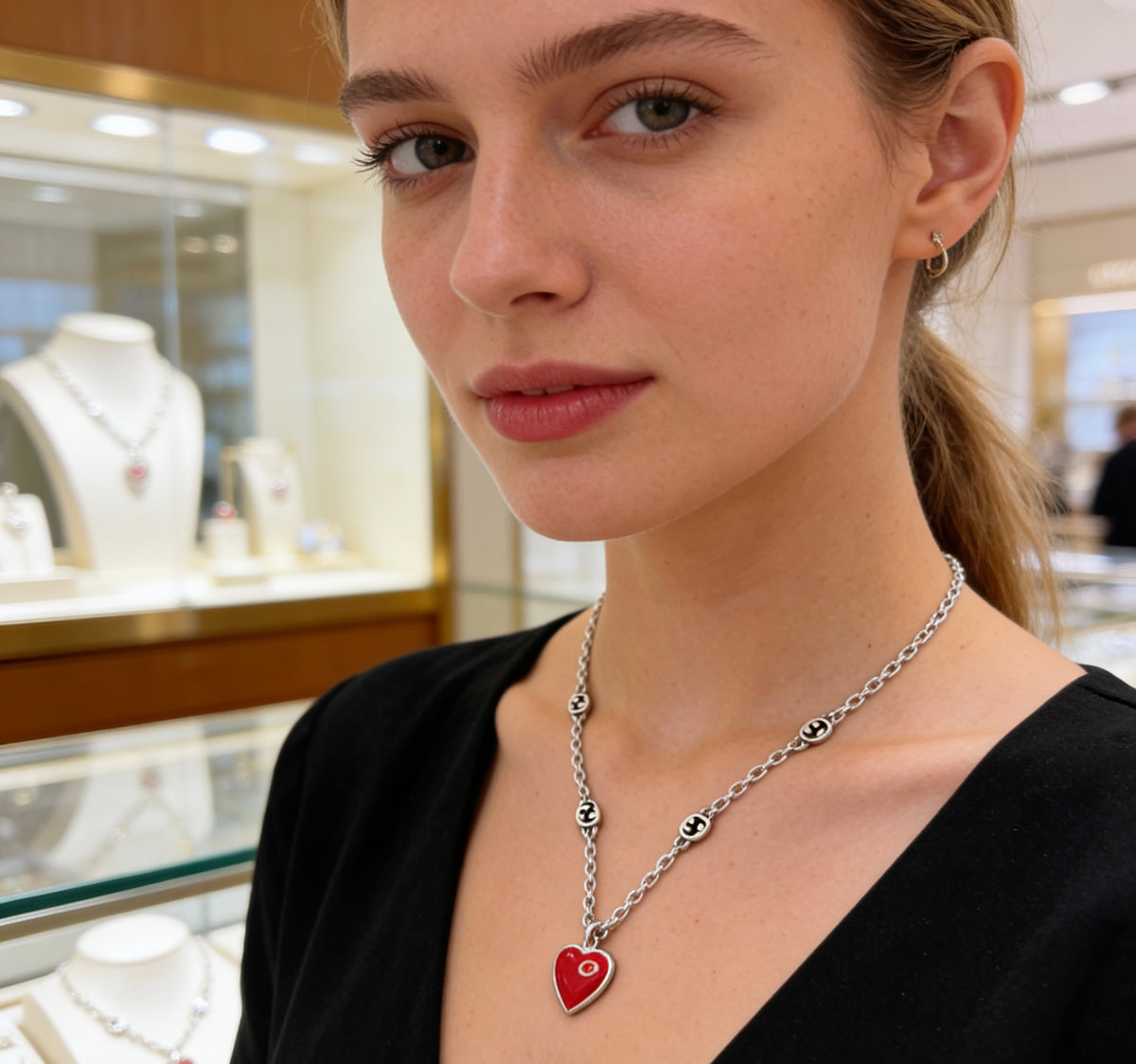 Double-G Emblem Pendant Necklace in Silver-Tone – Vintage Detail – Design 010 styled product view