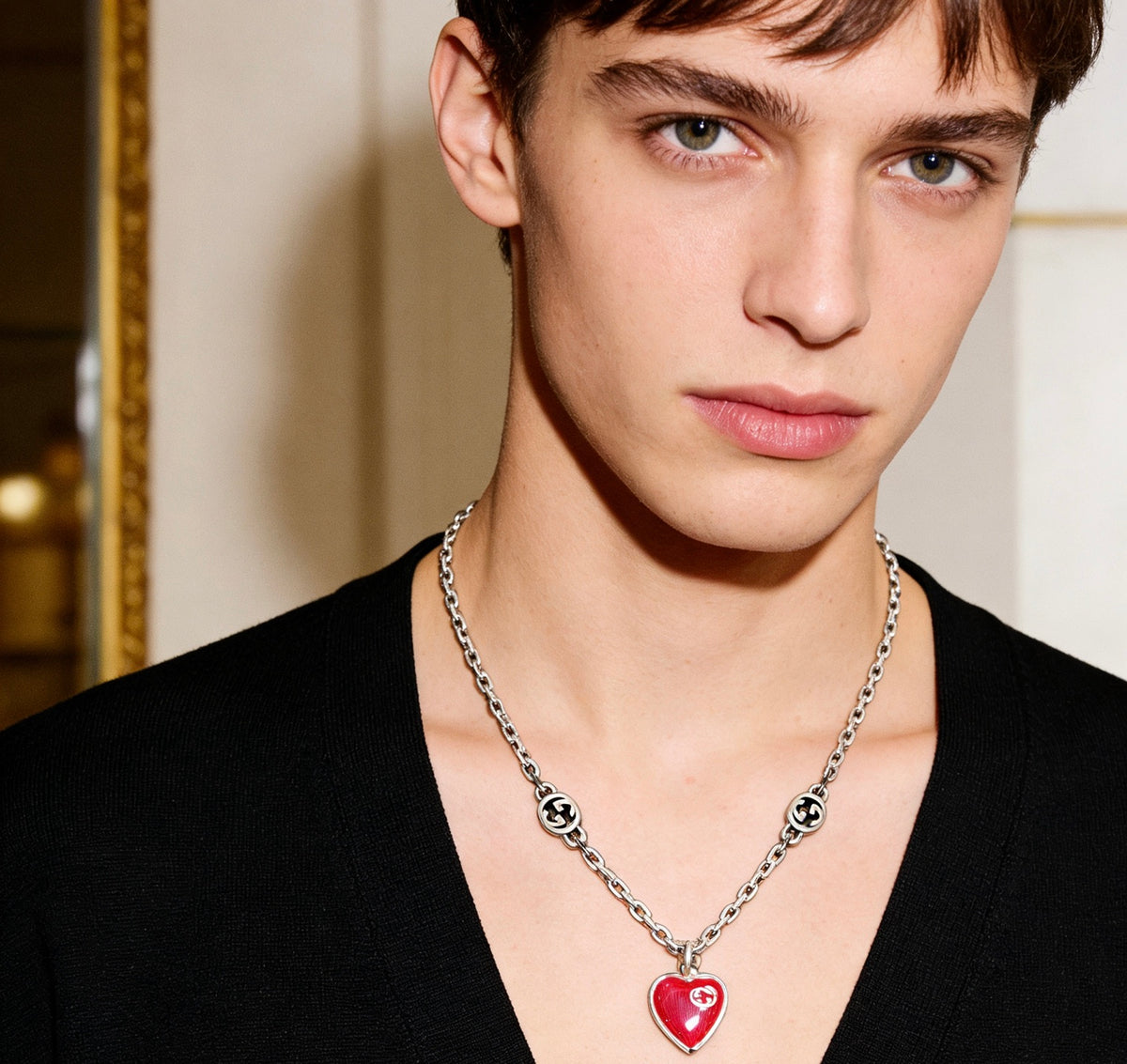 Double-G Emblem Pendant Necklace in Silver-Tone – Vintage Detail – Design 010 detail view