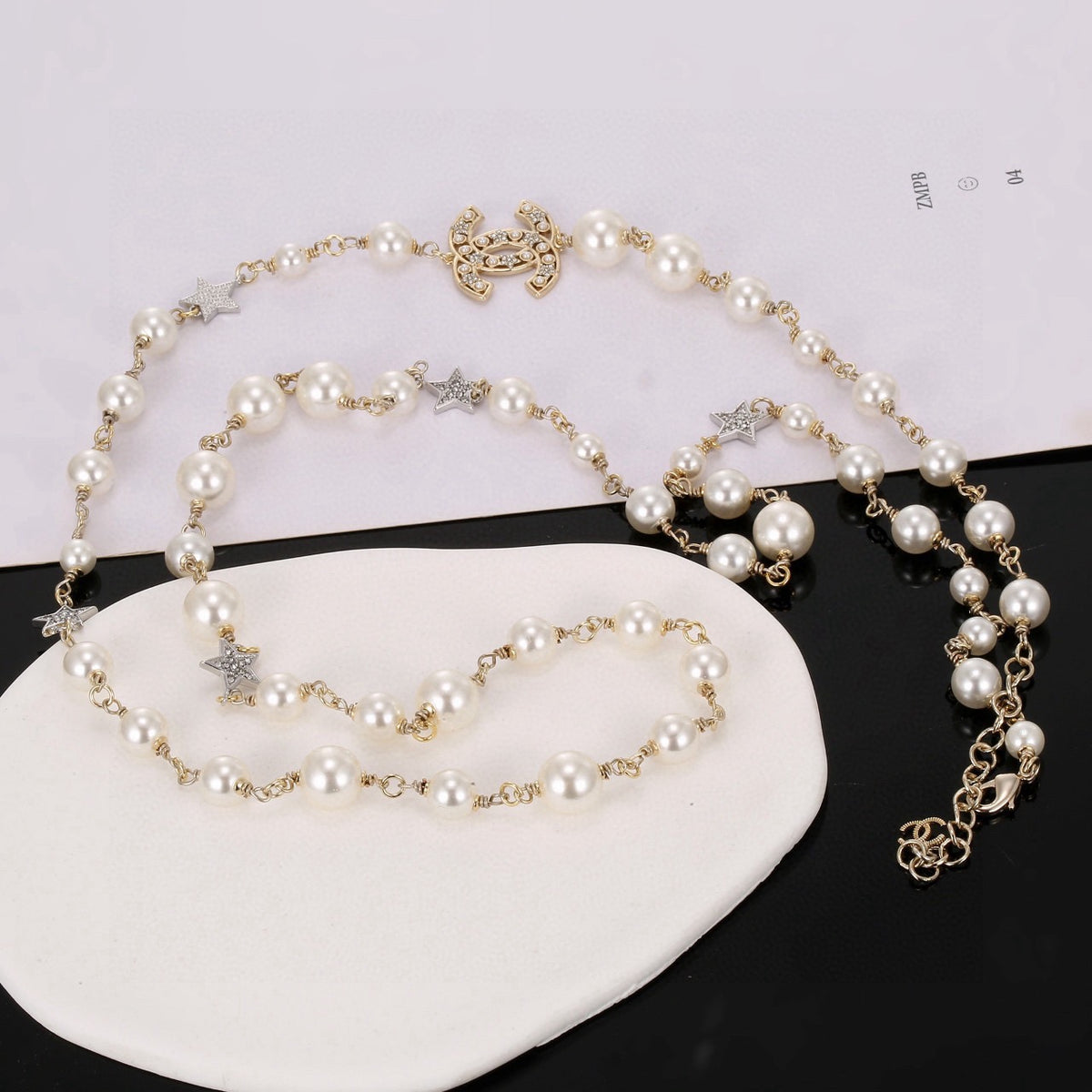 Double-C Emblem Pearl-Detail Pendant Necklace – Pearl Detail – Design 034 main product view