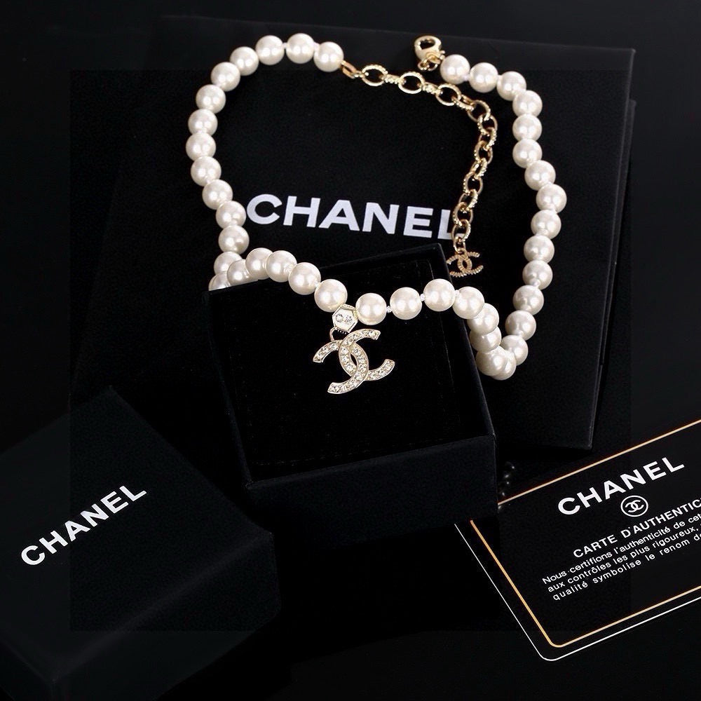 Double-C Emblem Pearl-Detail Pendant Necklace – Pearl Detail – Design 047 main product view