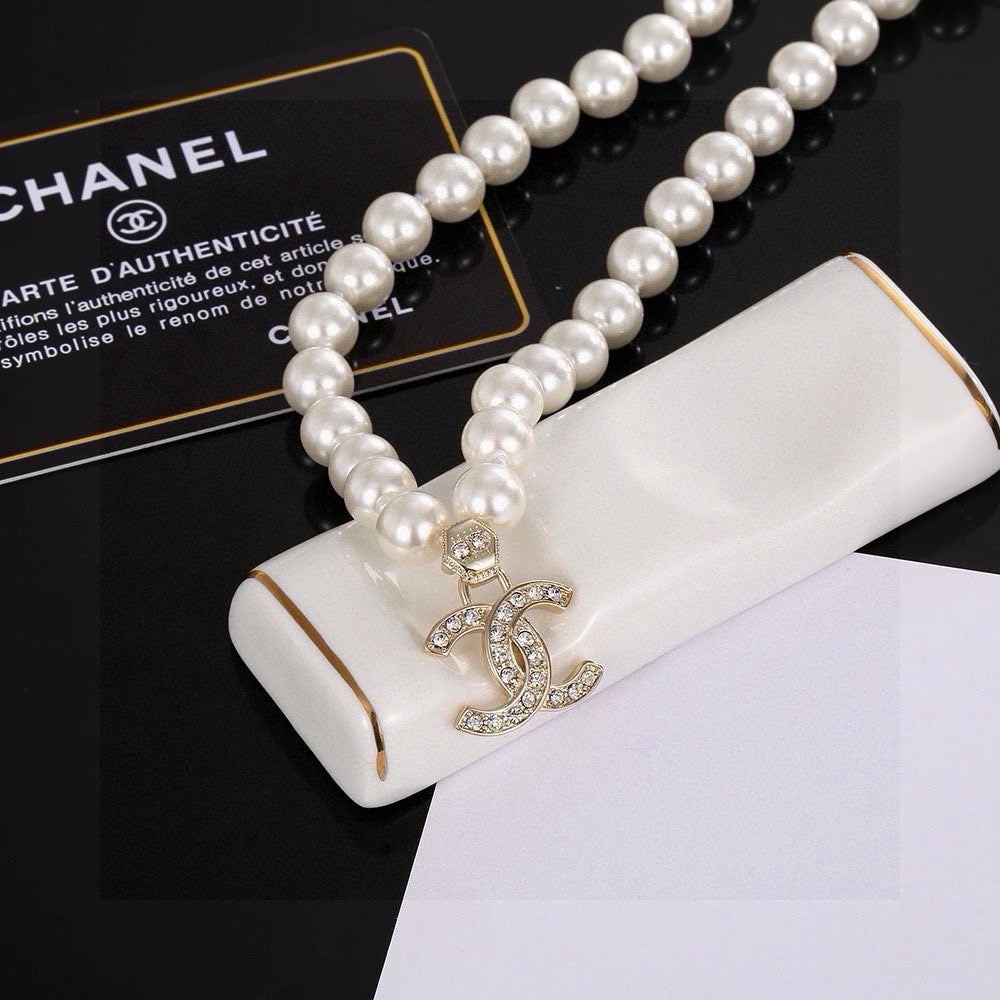 Double-C Emblem Pearl-Detail Pendant Necklace – Pearl Detail – Design 047 front product view