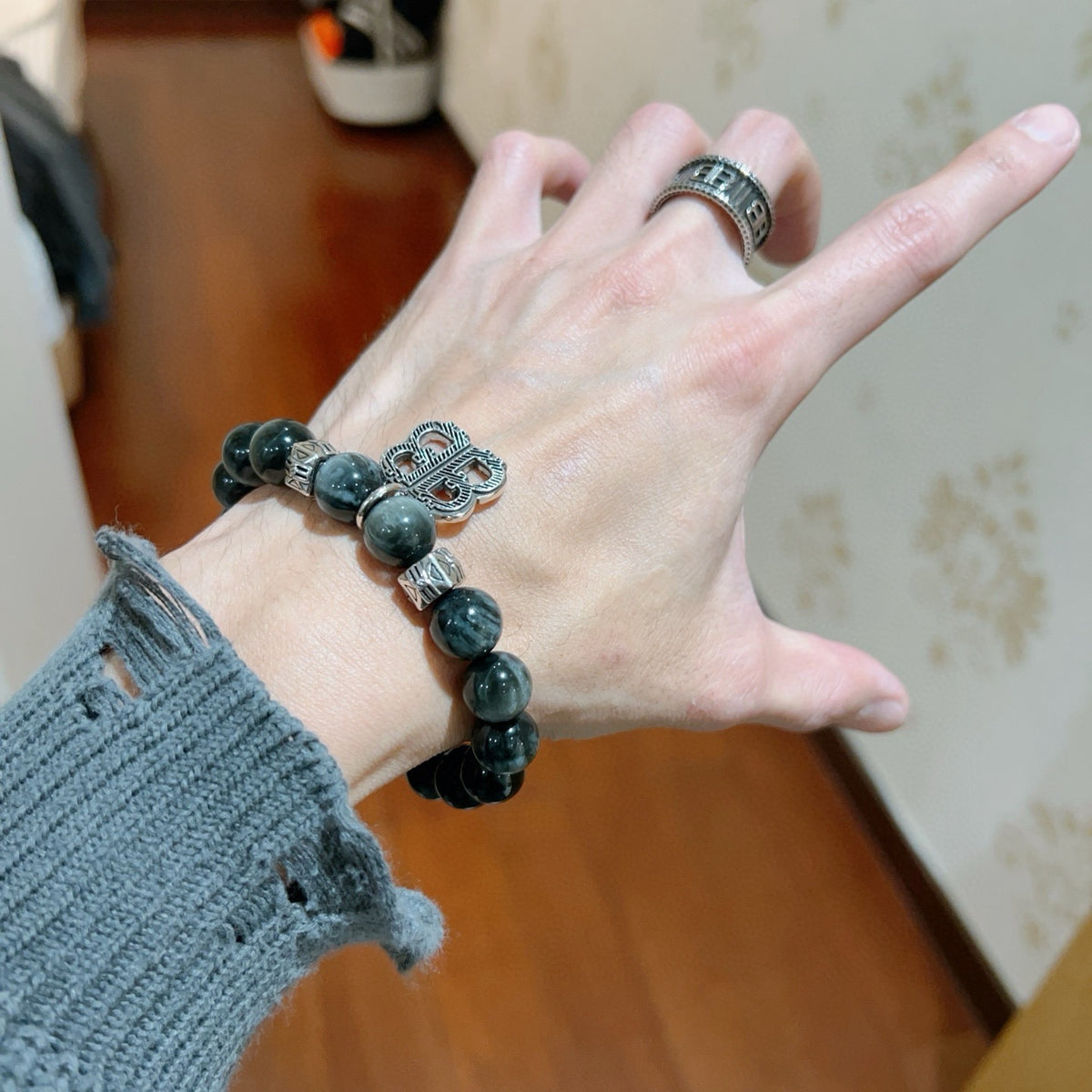 Geometric Emblem Bracelet in Polished Metal-Tone – Vintage Detail – Design 006 detail view