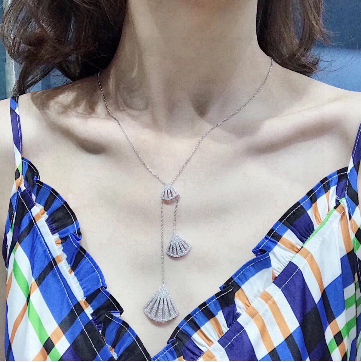 Adjustable Fan Pendant Necklace in Silver-Tone detail view