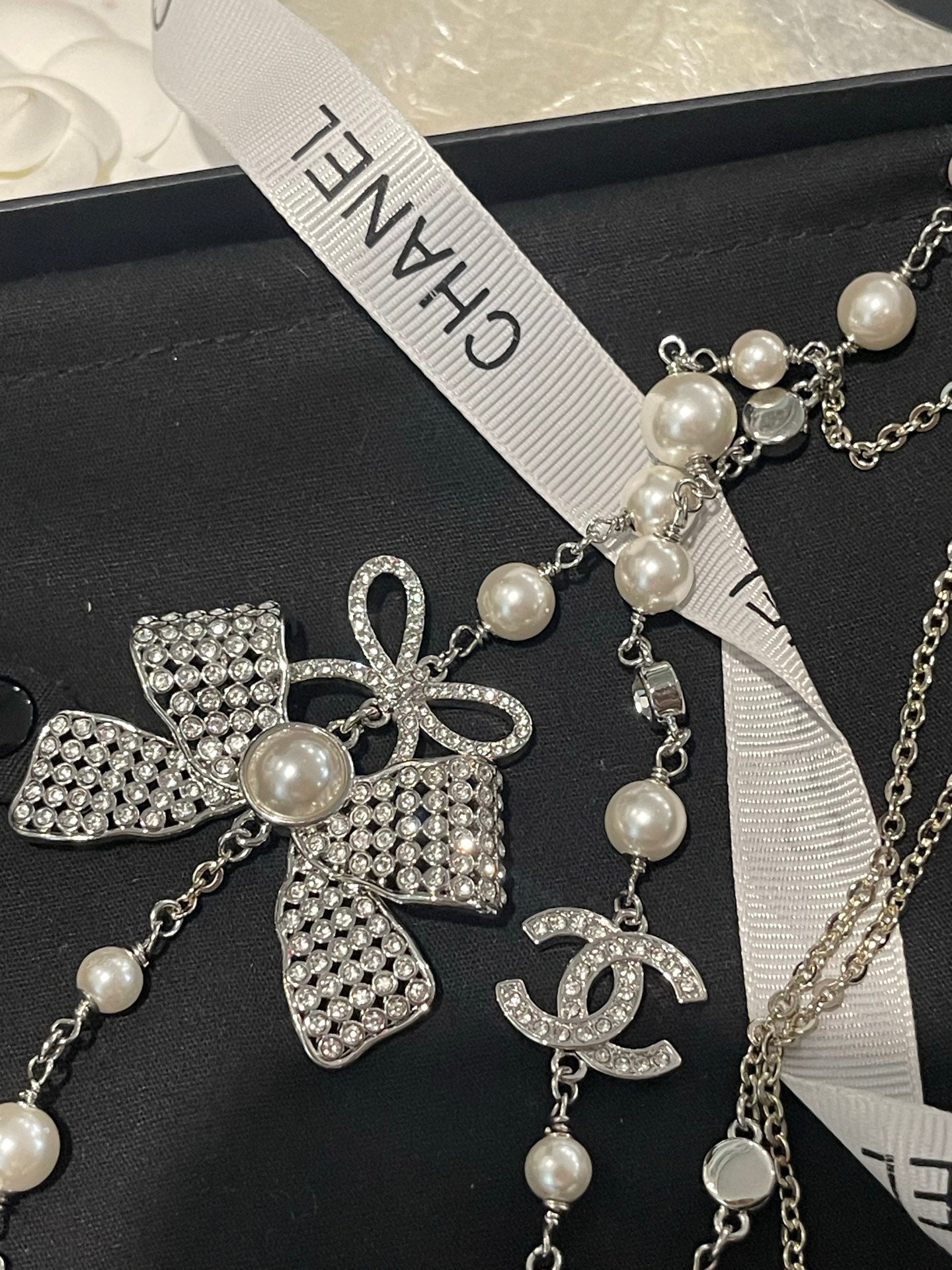 Double-C Emblem Pearl-Detail Pendant Necklace – Pearl Detail – Design 072 front product view