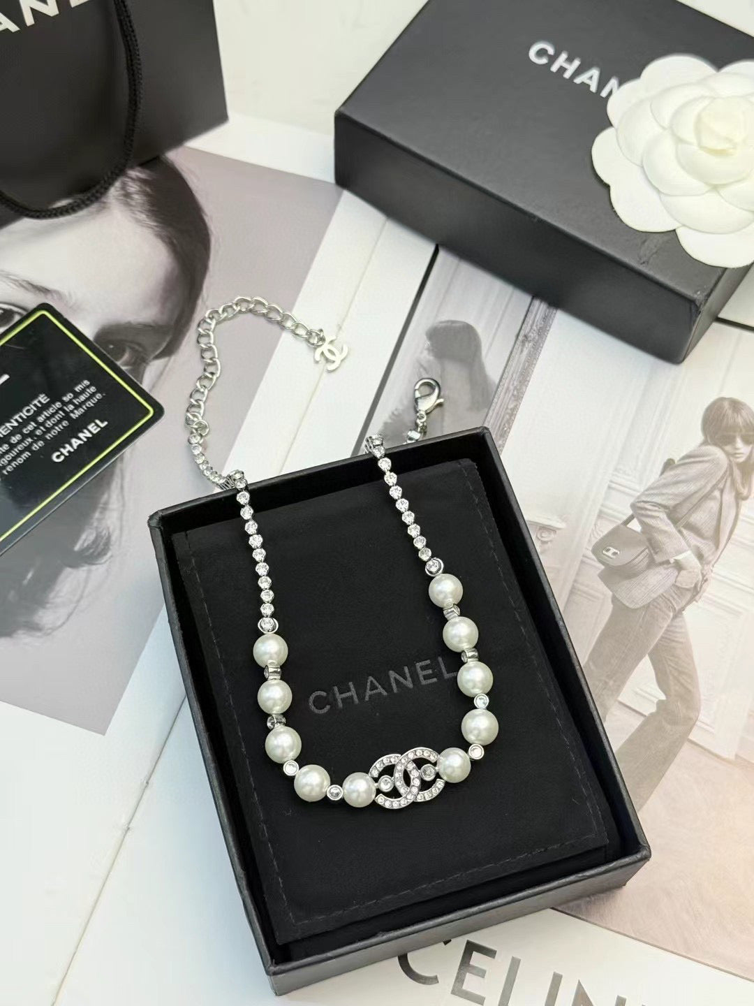 Double-C Emblem Pendant Necklace in Polished Metal-Tone – Design 030 styled product view