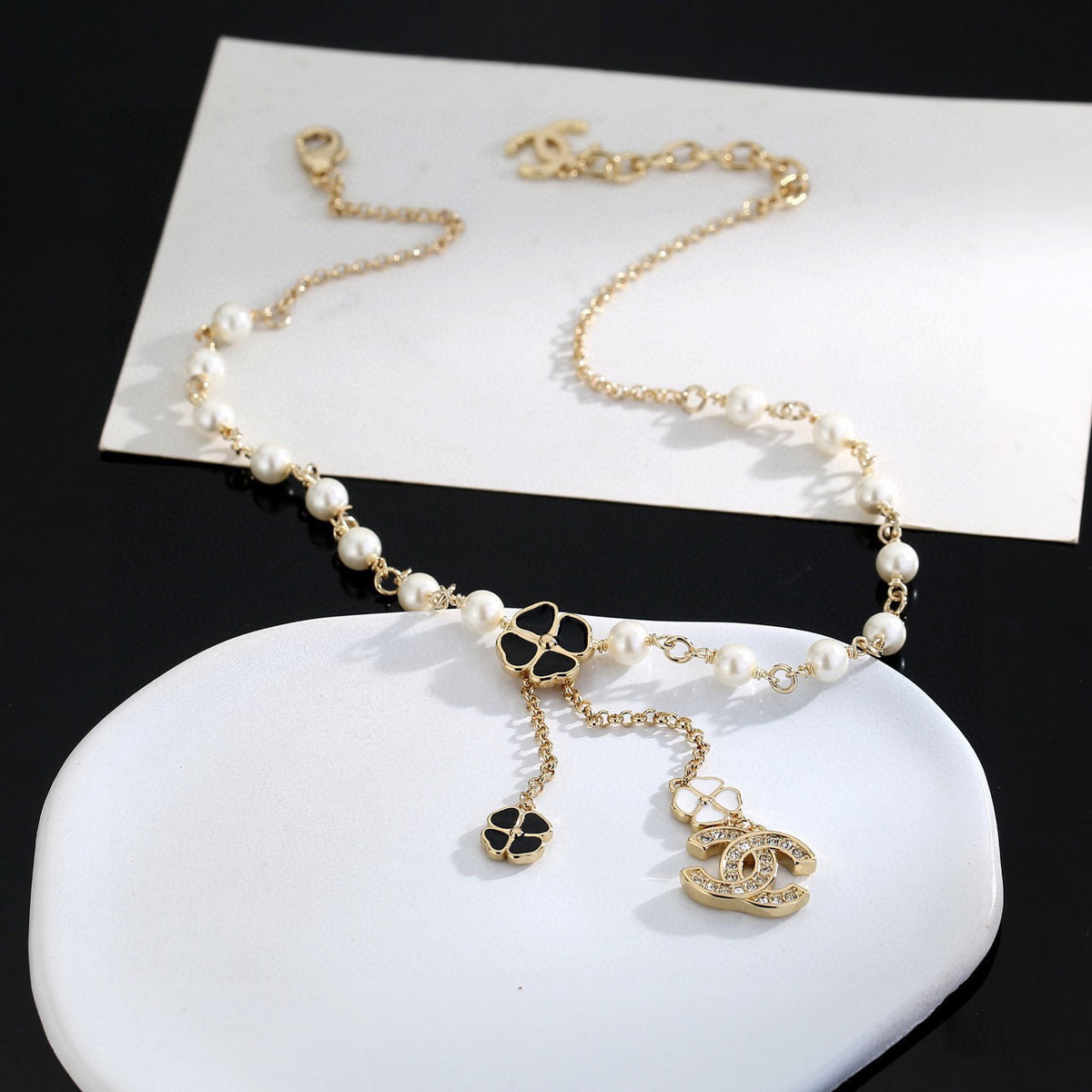 Double-C Emblem Pearl-Detail Pendant Necklace – Pearl Detail – Design 063 close-up detail