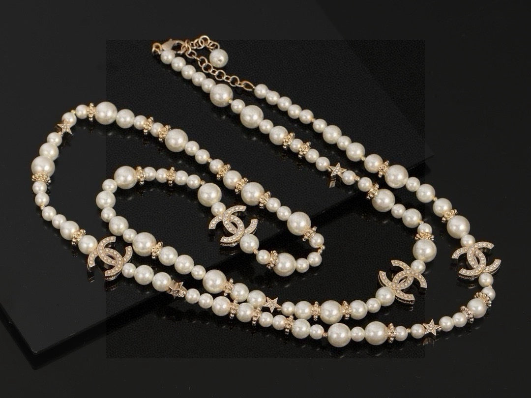 Double-C Emblem Pearl-Detail Pendant Necklace – Pearl Detail – Design 062 front product view