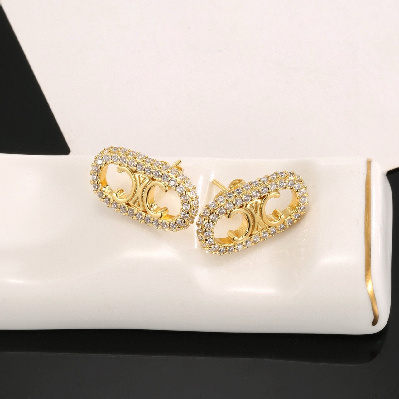 Signature Emblem Stud Earrings in Gold-Tone – Design 05 detail view