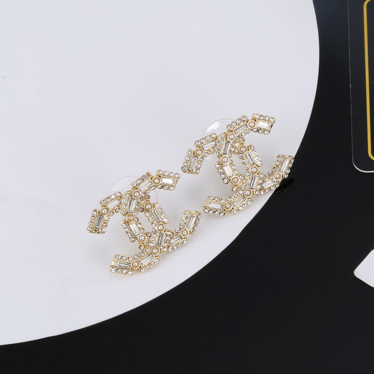 Double-C Emblem Crystal-Accent Stud Earrings – Design 037 detail view