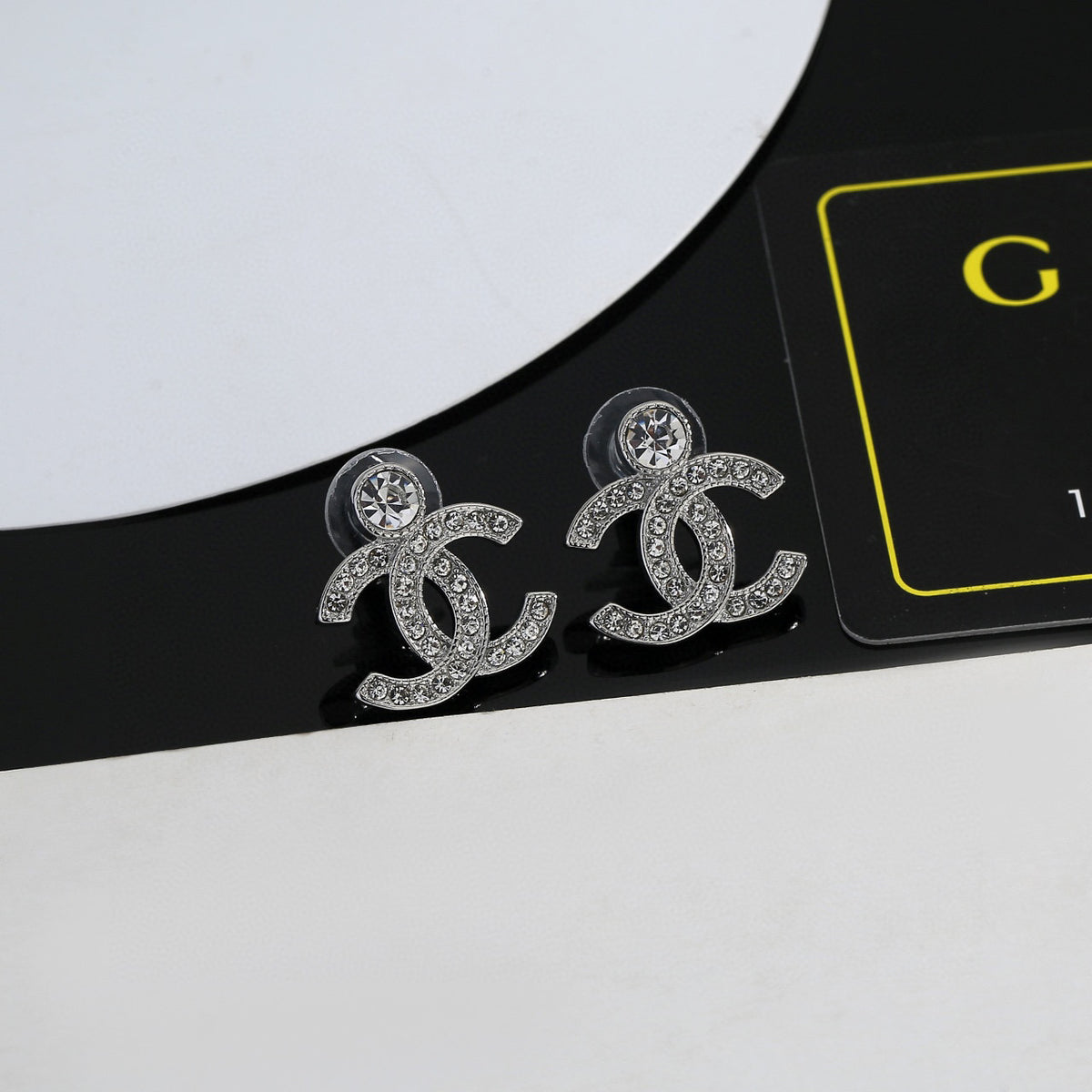 Double-C Emblem Crystal-Accent Stud Earrings – Design 036 side detail