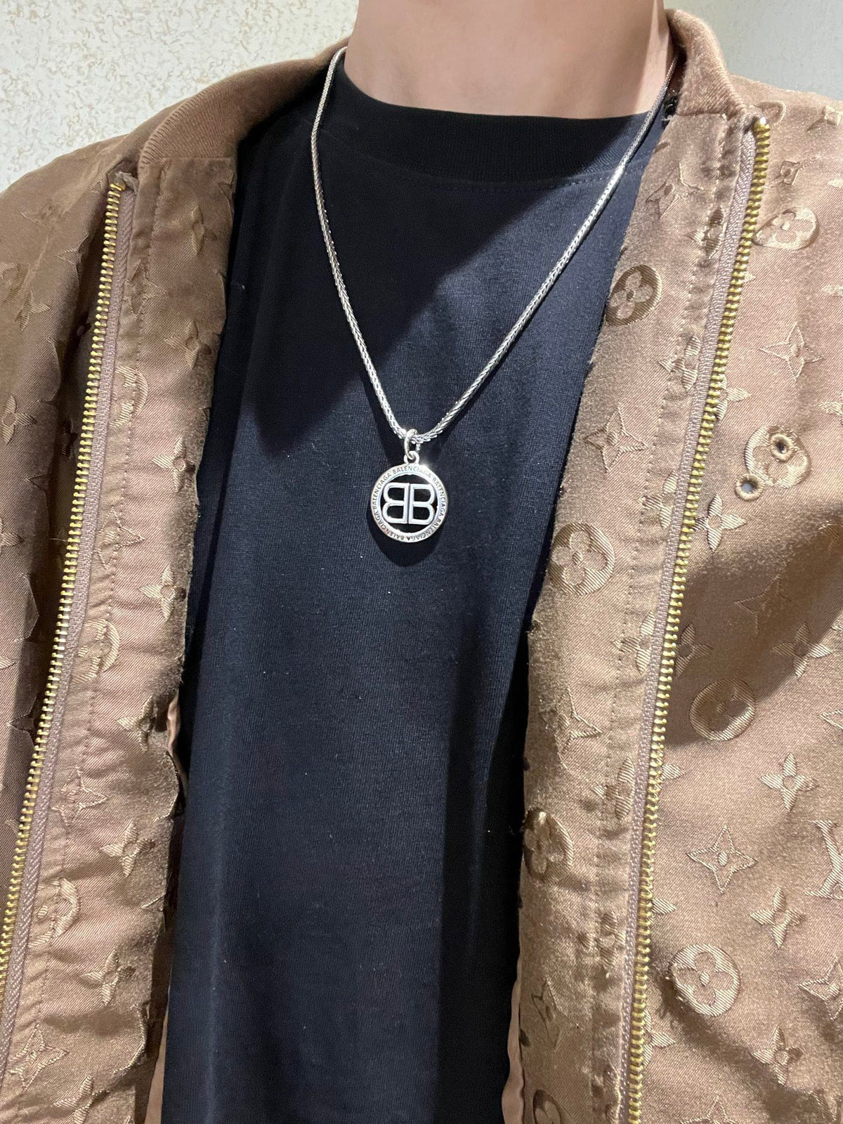 Geometric Emblem Pendant Necklace in Polished Metal-Tone – Vintage Detail – Design 060 styled product view
