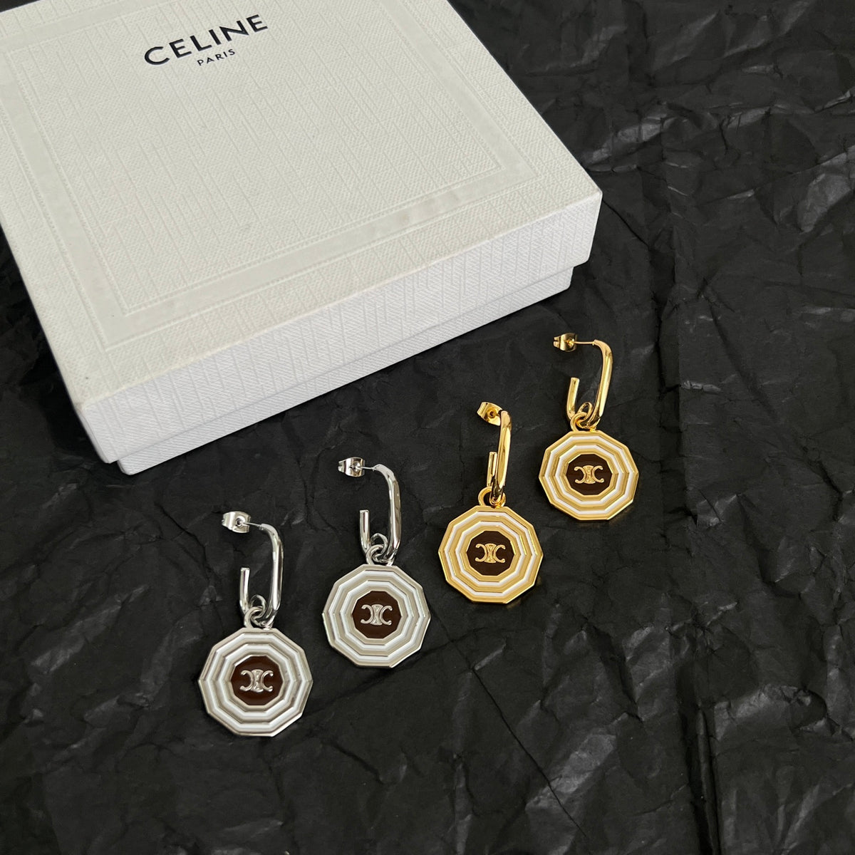Signature Emblem Stud Earrings in Polished Metal-Tone – Design 03 detail view