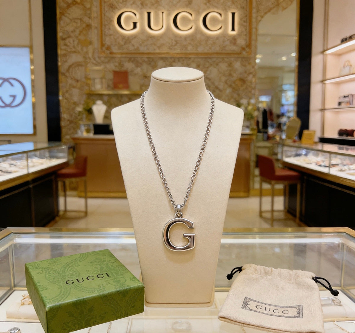 Double-G Emblem Pendant Necklace in Polished Metal-Tone – Design 132 main product view