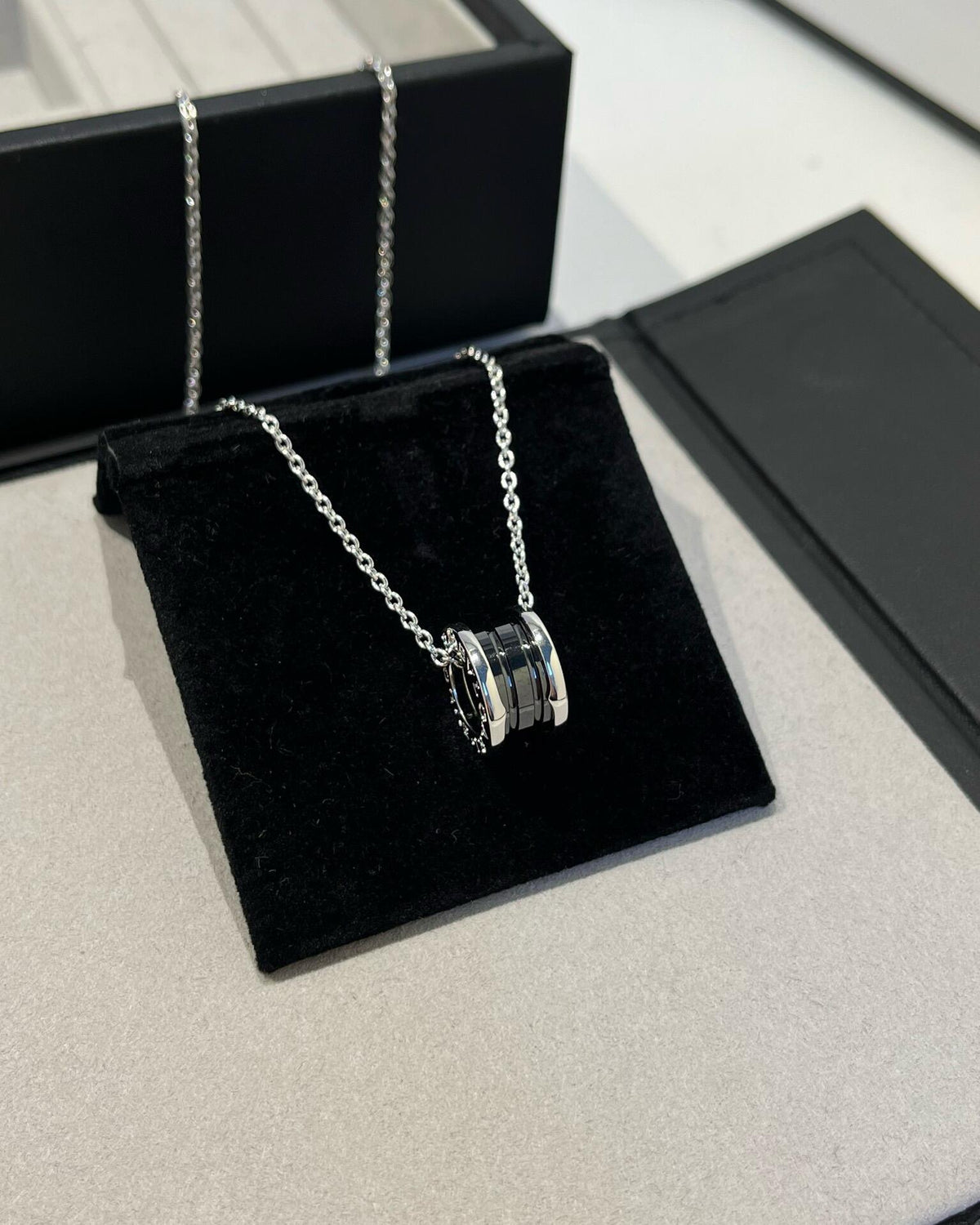 Geometric Emblem Pendant Necklace in Silver-Tone – Silver Detail front product view