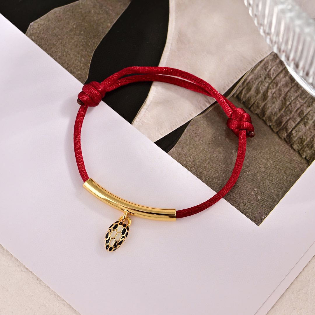 Red Cord Braided Bracelet in Polished Metal-Tone – Red Cord Detail – Design 004 main product view